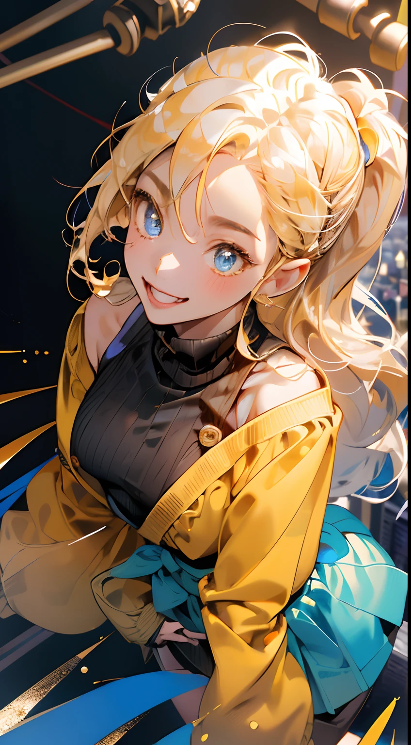 , highres, ultra detailed, 1girl, solo, extremely detailed eyes, (Gold hair:1.5) , (straight waist-length hair) ,she is wearing a ((Yale Blue colored Sleevless Shirt inside , Single Breast Button Yale Blue colored Shirt)) , korea stmreetwear, anime girl in real life,Light Indigo-colored eyes , ulzzang , ((Rich Black colored Hip skirt)), Black colored Contrasting design at the waist ,((Mikado yellow colored Long-sleeved knitted off-the-shoulder croped sweater)), waist-length Mikado yellow croped sweater,Mikado yellow sweater decorated with ((Oxford Blue colored belts on the sleeves))  , big smile , happy , excited ,joyful , (waistless:1.5) , (top-down view:1.5), focusing on the face, fingers touching lips, mischievous  , (city street background:1.5) , crowd , close up shot , look-up