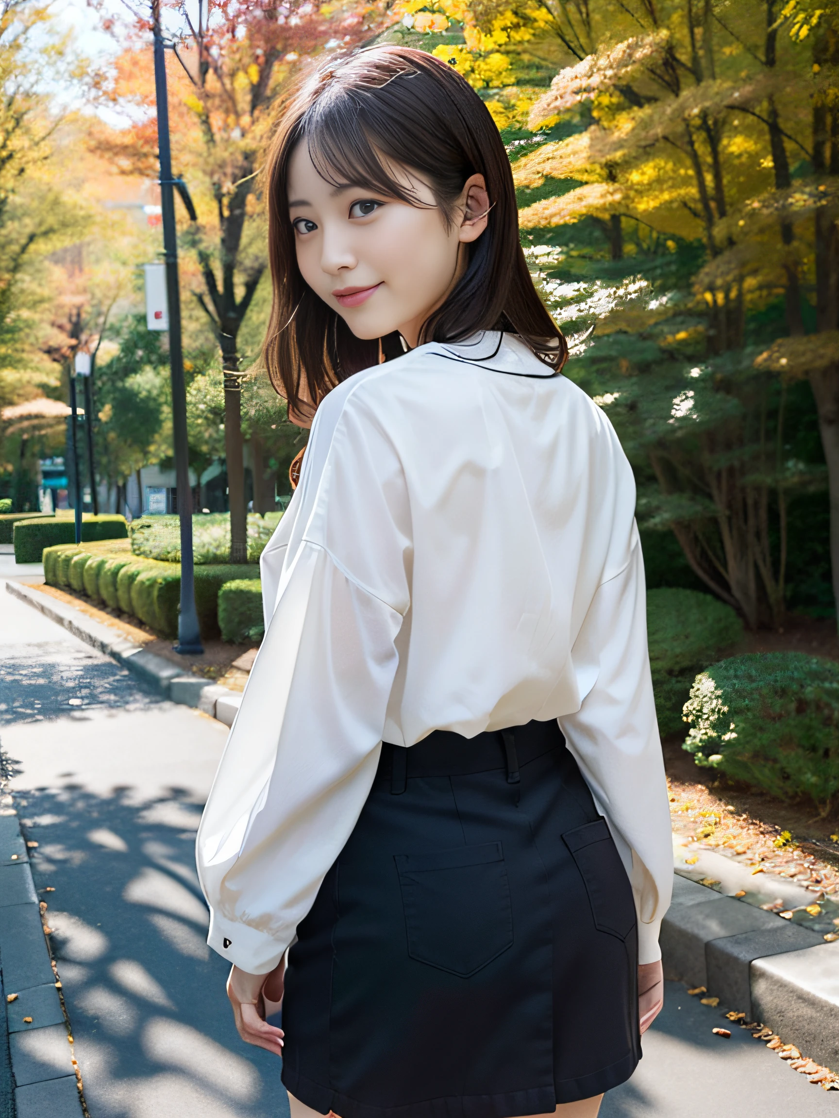 in 8K,Best Quality:1.4, 超A high resolution:1.5, (Photorealistic:1.4),​masterpiece:1.2,(top-quality:1.4)、 Raw photo、Japan girls in casual clothes、Hi-Res、The ultra-detailliert、natural skin textures:1.3, realistic eyes and face details:1.7、nogizaka, cute  face、30-years old:1.2、thighs thighs thighs thighs、beauty legs、Textured skin:1.2 、 (Shy smile:1.2)、Medium chest、Black eyes with beautiful details、(Casual clothing:1.2)、FULL BODYSHOT、Colored leaves、Check out the cute mini skirts:1.2、is standing、autumnal、(Park on the hill)、beautful view、Backshots