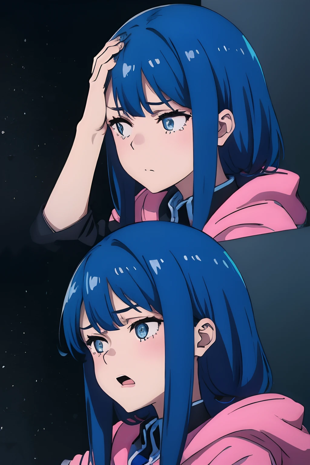 1Girl, blue hair, facepalm, embarrassed