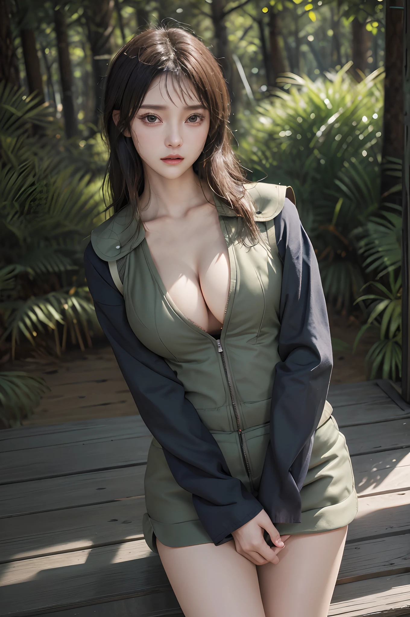 Masterpiece, Best quality, Kyogen, vest, Long sleeves,cleavage, Large breasts,view the viewer, forest, Serious, Cowboy shot,, 1girll,Realistic,Cute girl , Higt Dom Ultra