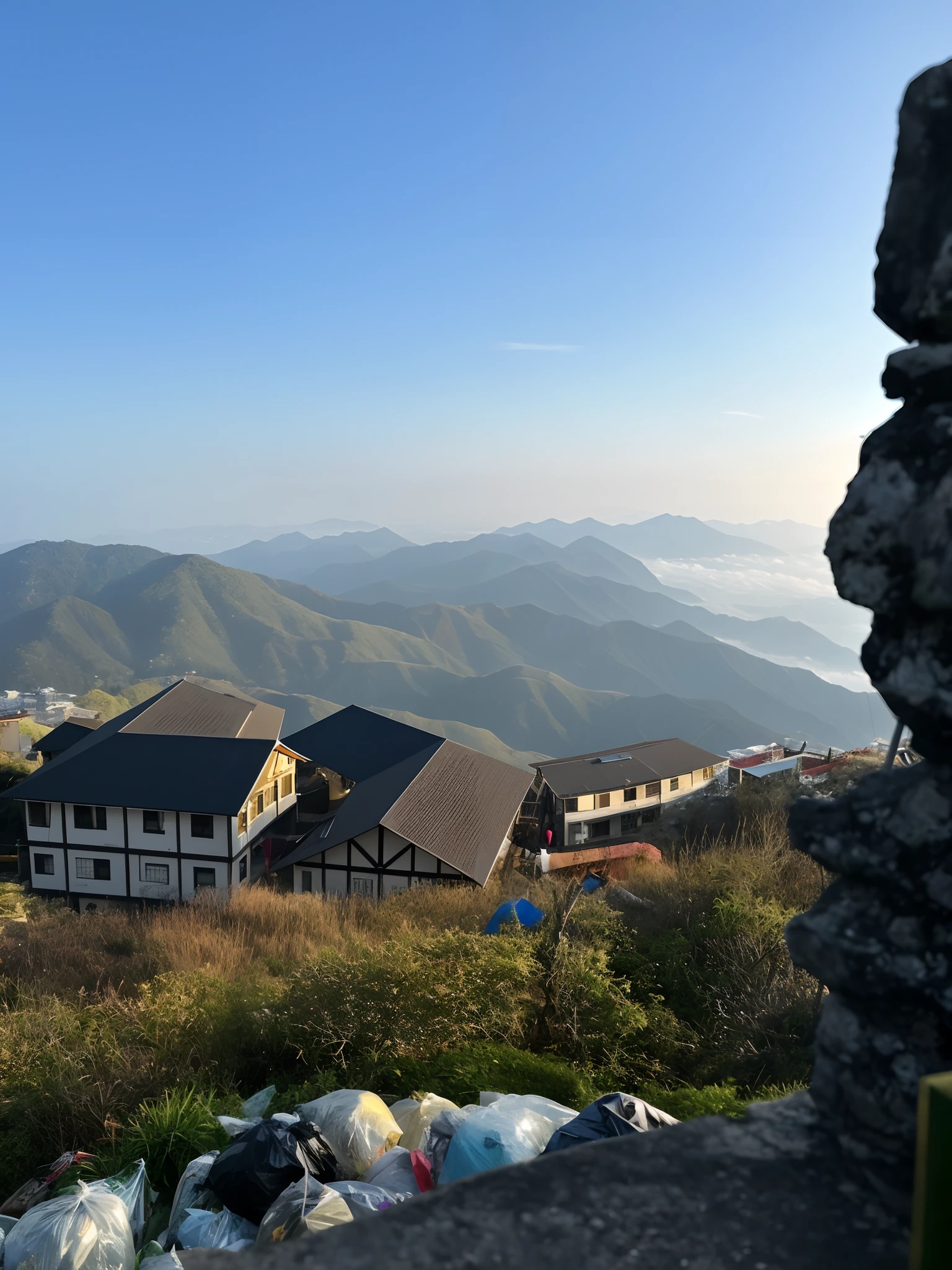 mountain in the distance，There was a house and a pile of garbage, integrated in the mountains, dojo on a mountain, during sunrise, like jiufen, view from high, 8 k''. filling of the view, Watching from behind, in the early morning, View, At sunrise, 8 k'' ), by Ni Yuanlu, View from above, Far view