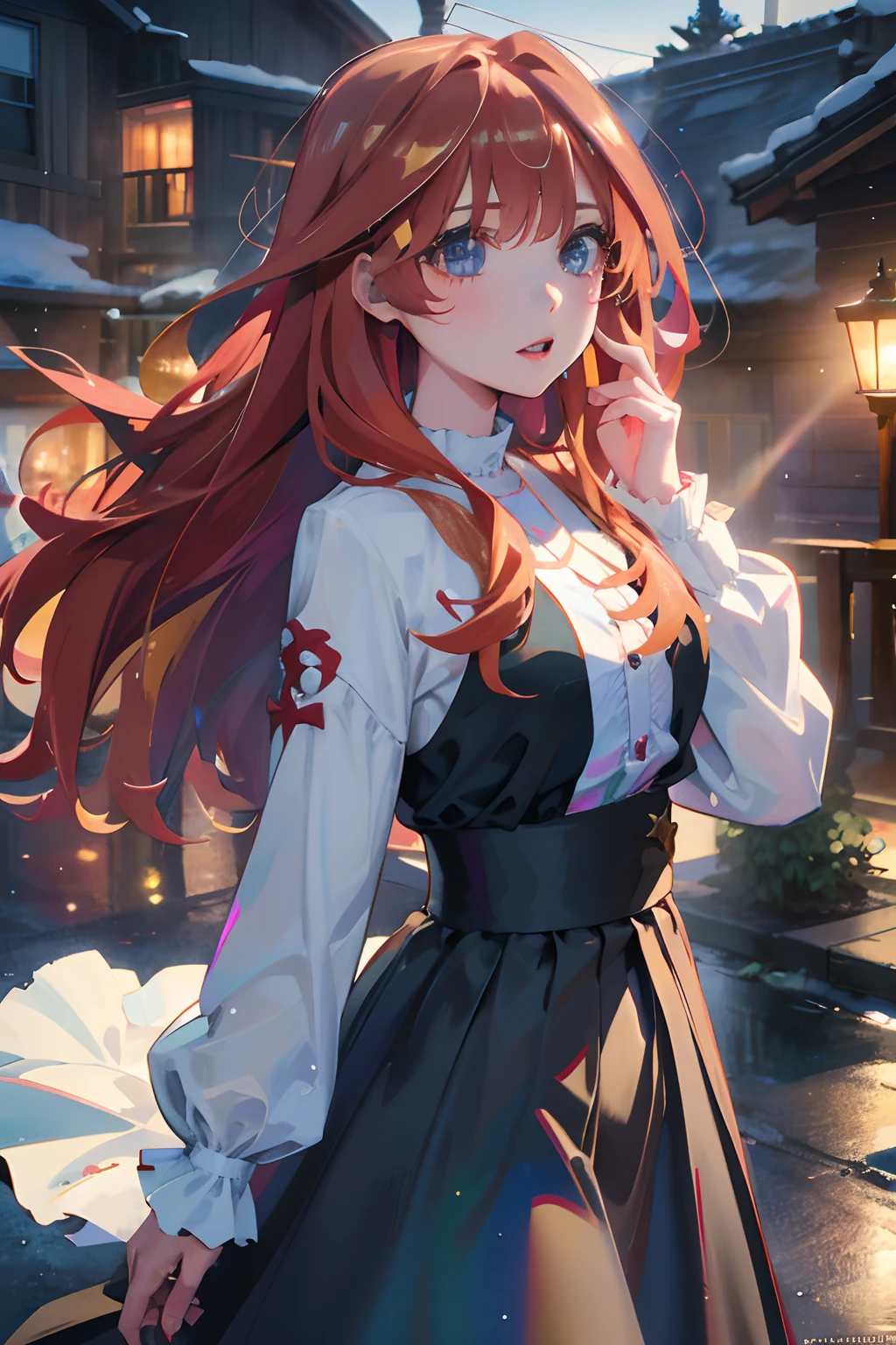 Official art, Unity 8k Wallpapers, ultra-detailliert, Beautifully Aesthetic, ​masterpiece, top-quality, realisitic, a closeup, Skindentation, interface, A detailed eye, A detailed face, detailed hairs, black backgrounds, straight-on, looking at the viewers, The sheen, Anime, highly detailed with reflections transparent iridescent opaque jacket, Long transparent iridescent RGB hair, 1girl in, Solo, fronds, Long hair, Blurry, Shirt,  Parted lips, Outdoors, Floating hair, Long sleeves, White shirt, Bangs, Upper body, Open mouth, tusk, Brown eyes, Wind, Winters，Yuki，snowscape，Blurry background, day, depth of fields, bug,The Bride of Fifths，Satsuki Nakano，red hairs，Sparkling eyes，Eyes Like Gems，