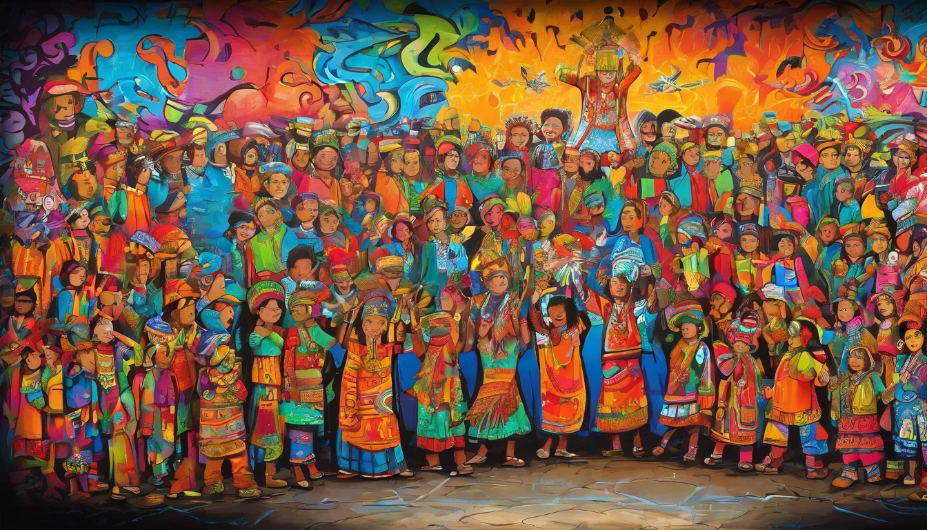 A group of children dressed in ethnic minority costumes gathered in a semicircle to watch the excitement