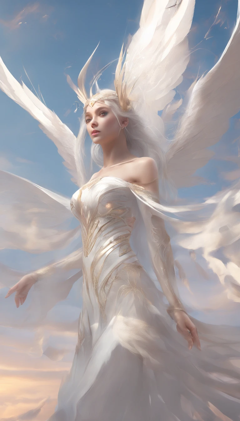 It flies very lightly, Holy,White Elves, long ear,white wings on back,shining brightly, The whole body is in the frame, Against the background of colored sky, RAW photo, Hyper-realistic, Remote, product-view, ArtStation Trends,Super high quality, Digital art, Delicate and delicate, 4K, Soft lighting, Dreamy, Ethereal, Unreal Engine rendering, 8K UHD, hdr, High quality, Ultra detailed, filmgrain.
