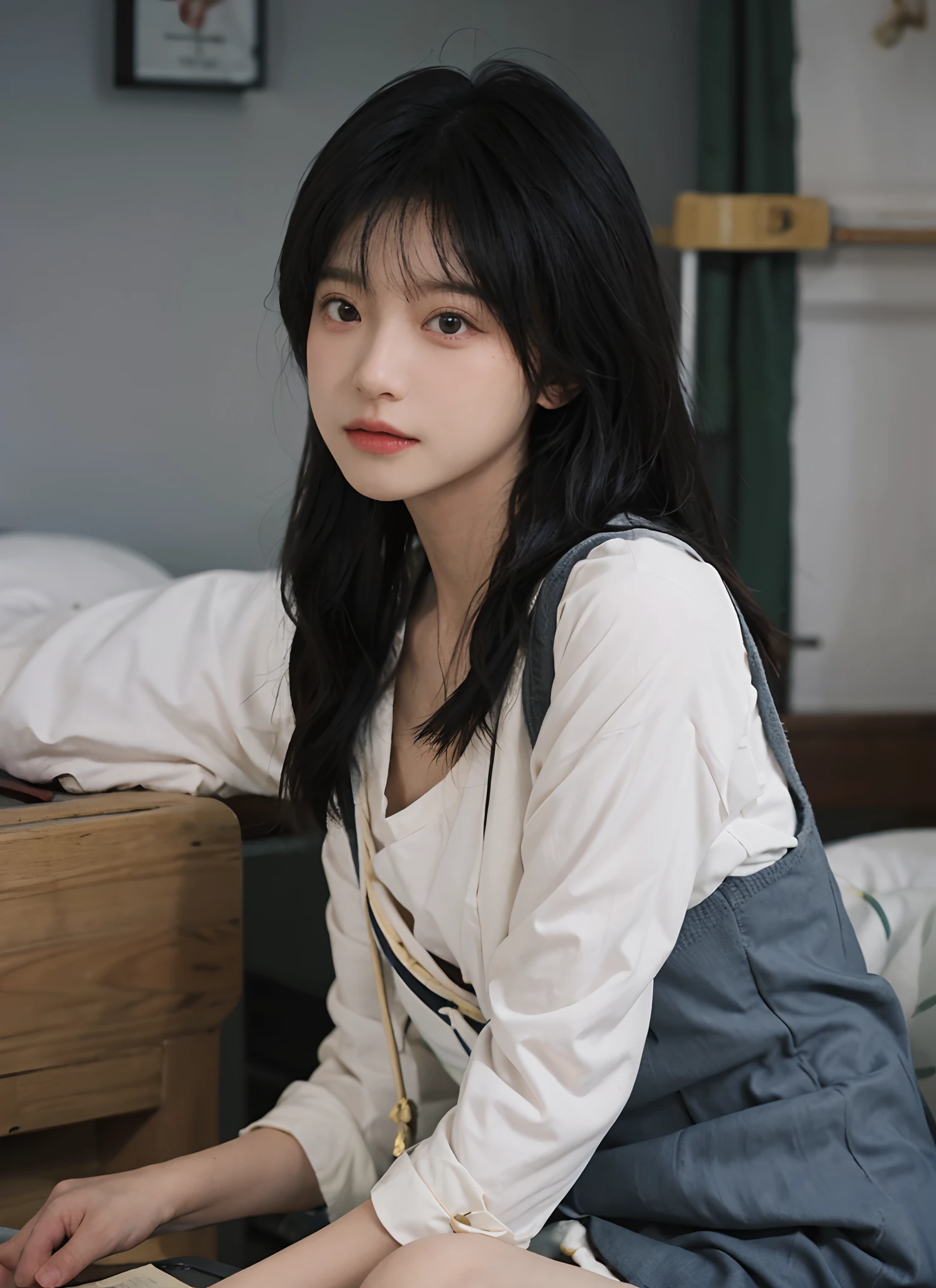 best qualtiy, 超高分辨率, (realisticlying:1.4), Girl, A pair of eyes as clear as snow,Royal Sister,Black long straight,yellow school uniforms, looking at viewert, closeup cleavage ,