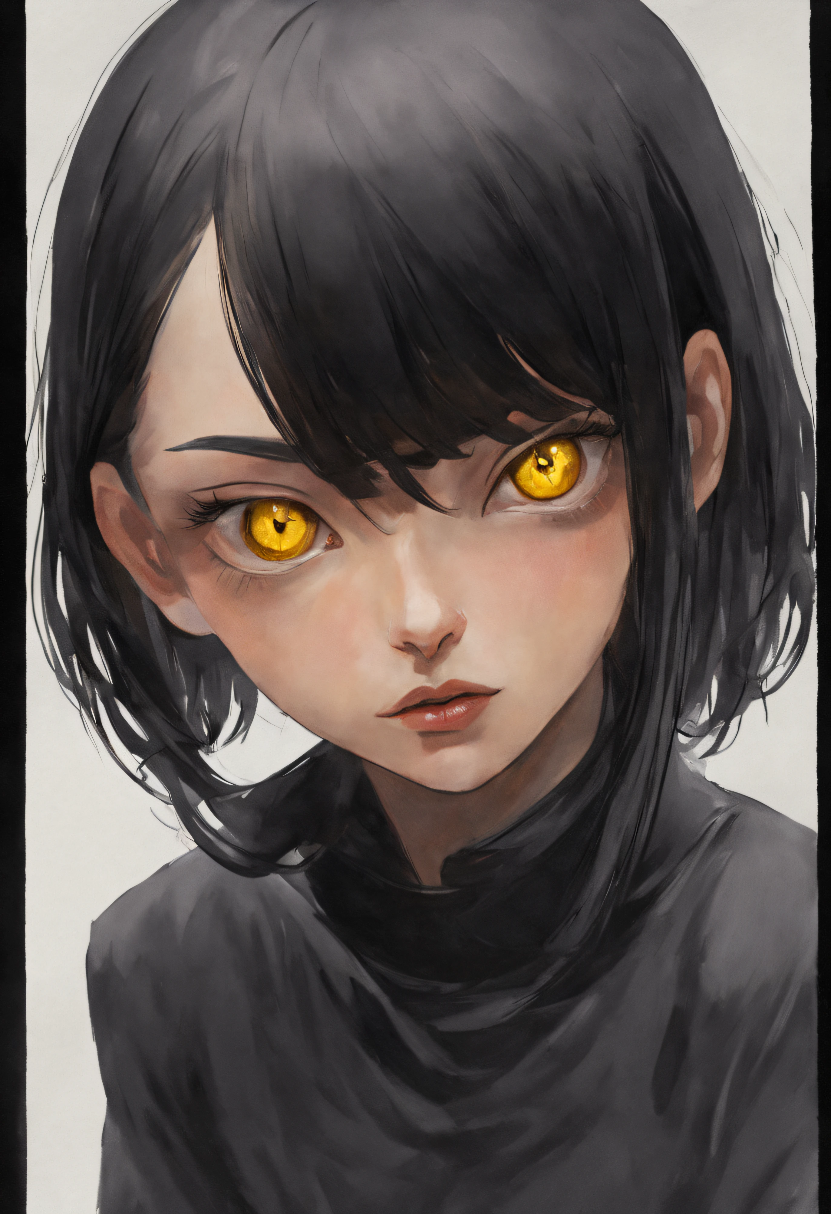 2Menina, adult female, um de frente para o outro, um olhando para o outro, black hair, yellow eyes, masterpiece