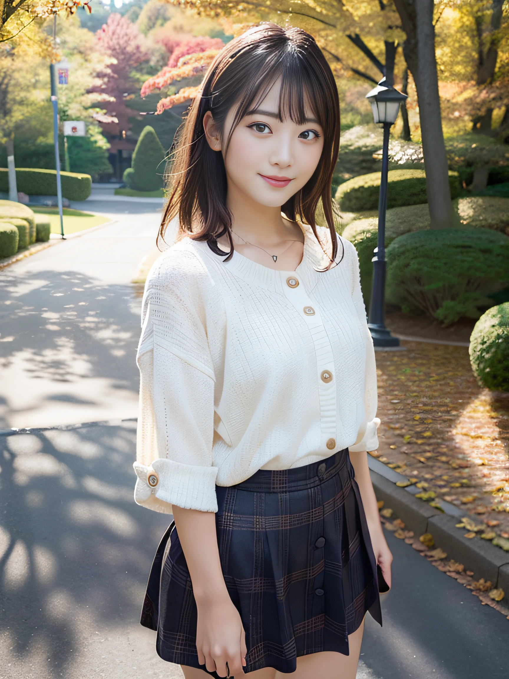 in 8K,Best Quality:1.4, 超A high resolution:1.5, (Photorealistic:1.4),​masterpiece:1.2,(top-quality:1.4)、 Raw photo、Japan girls in casual clothes、Hi-Res、The ultra-detailliert、natural skin textures:1.3, realistic eyes and face details:1.7、nogizaka, cute  face、30-years old:1.2、thighs thighs thighs thighs、beauty legs、Textured skin:1.2 、 (Shy smile:1.2)、Medium chest、Black eyes with beautiful details、(Casual clothing:1.2)、FULL BODYSHOT、Colored leaves、Cute mini skirt with plaid pattern:1.2、is standing、autumnal、(Park on the hill)、beautful view、Panchira
