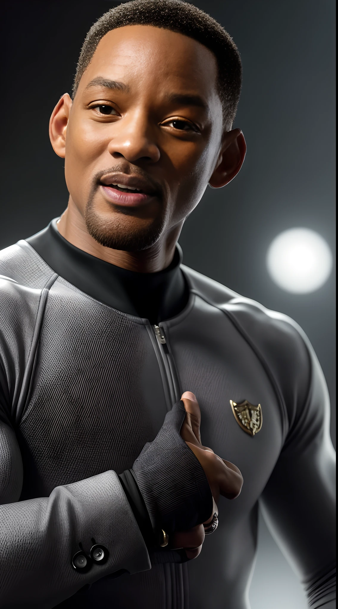 Will Smith（Will Smith），His full name is Willard Carroll Smith Jr（Willard Carroll Smith.），8K, High definition, Detailed face, Detailed eyes,，American actor、singers、filmmaker，leisure wear, in style of marvel and dc, Hyper-realistic, + cinema shot + Dynamic composition, Incredibly detailed, Sharpen, Details + Superb details + evening with light + perfectionism + award winning realism ((Moody lighting))，Be interviewed，Crooked grin