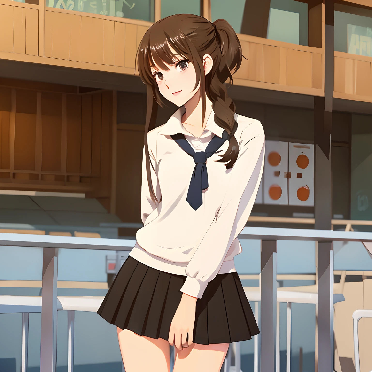 High students、a miniskirt、animesque、illustratio、Brown hair、Black eye
