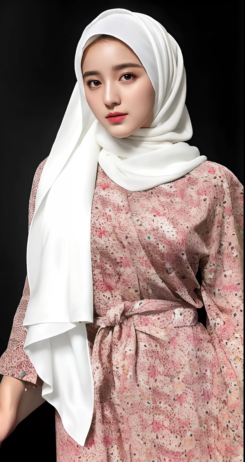 1girl, a 20-year-old muscular girl, white hijab with floral robe , lighting, masterpiece, best quality, 8k ultra high definition, Midjourney realisti, full body