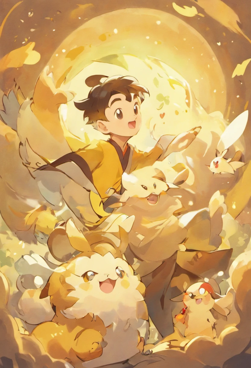 A Zhuang boy learns to sing from his grandfather，Very focused，Very happy on the face，Character cartoons，illustration
