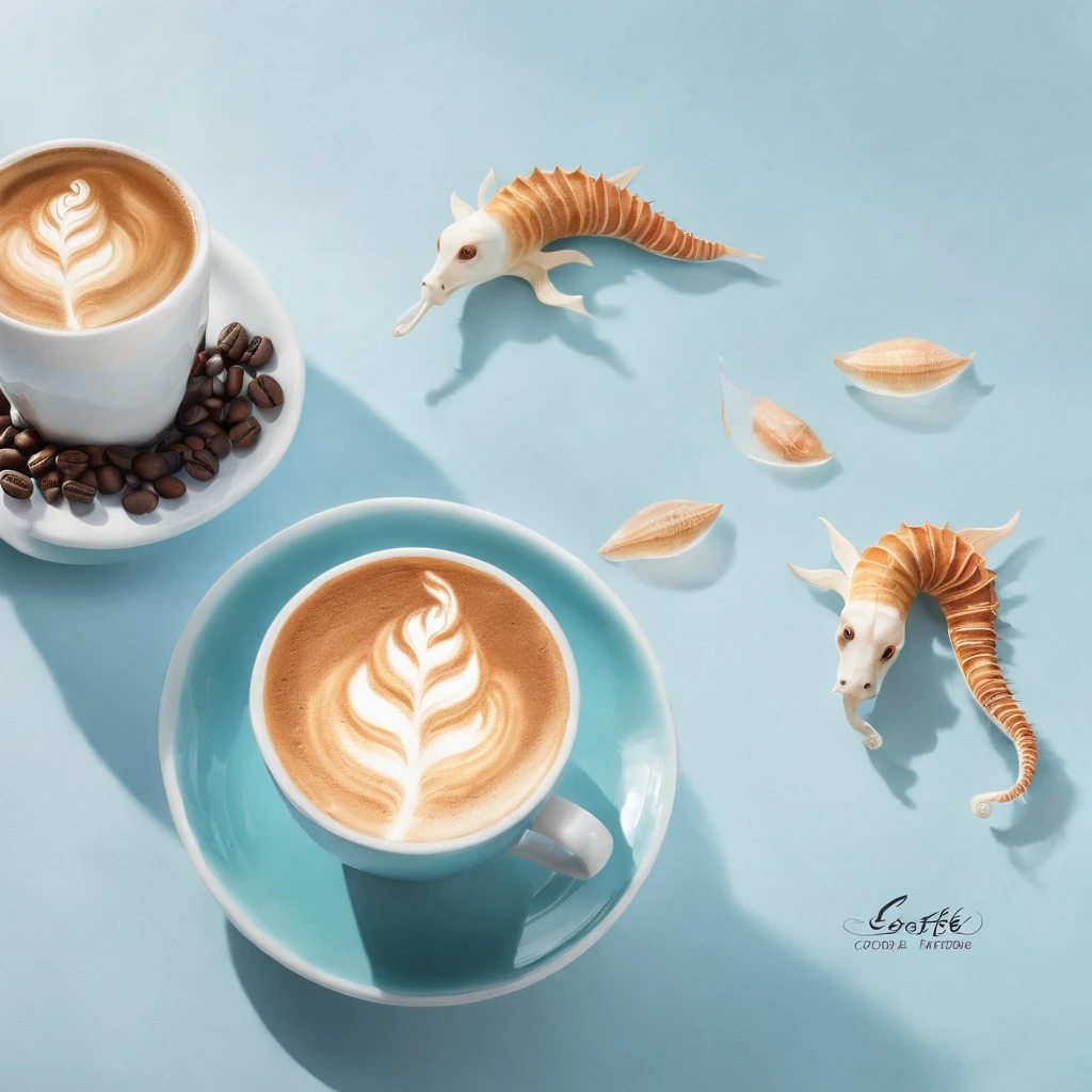 An artistic representation of a Piccolo Latte, where the coffee transforms into a miniature espresso ocean, complete with latte art waves in the shape of seahorses and shells. This imaginative coffee scene is set in a whimsical underwater world, with the tiny coffee cup floating on a sea of espresso. The atmosphere is one of playful fantasy and creativity. The style is a surreal painting, created using watercolors and fine brushes to bring this unique coffee world to life.