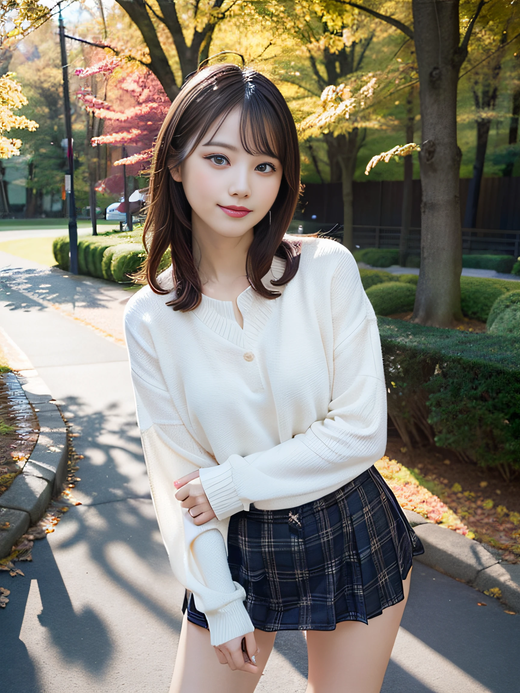 in 8K,Best Quality:1.4, 超A high resolution:1.5, (Photorealistic:1.4),masterpiece:1.2,(top-quality:1.4)、 Raw photo、Japan girls in casual clothes、Hi-Res、The ultra-detailliert、natural skin textures:1.3, realistic eyes and face details:1.7、nogizaka, cute face、30-years old:1.2、thighs thighs thighs thighs、beauty legs、Textured skin:1.2 、 (Shy smile:1.2)、Medium chest、Black eyes with beautiful details、(Casual clothing:1.2)、FULL BODYSHOT、Colored leaves、Cute mini skirt with plaid pattern:1.2、is standing、autumnal、(Park on the hill)、beautful view、pantie shot