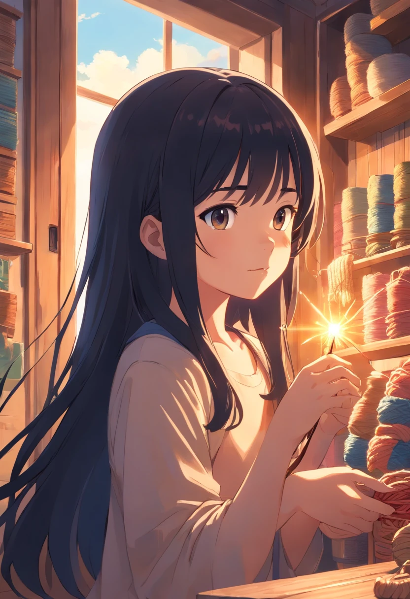 Close-up，Little girl with long black hair，and the sun was shining brightly，She's knitting things，Made with bamboo，There are good things around。At the door，sitted