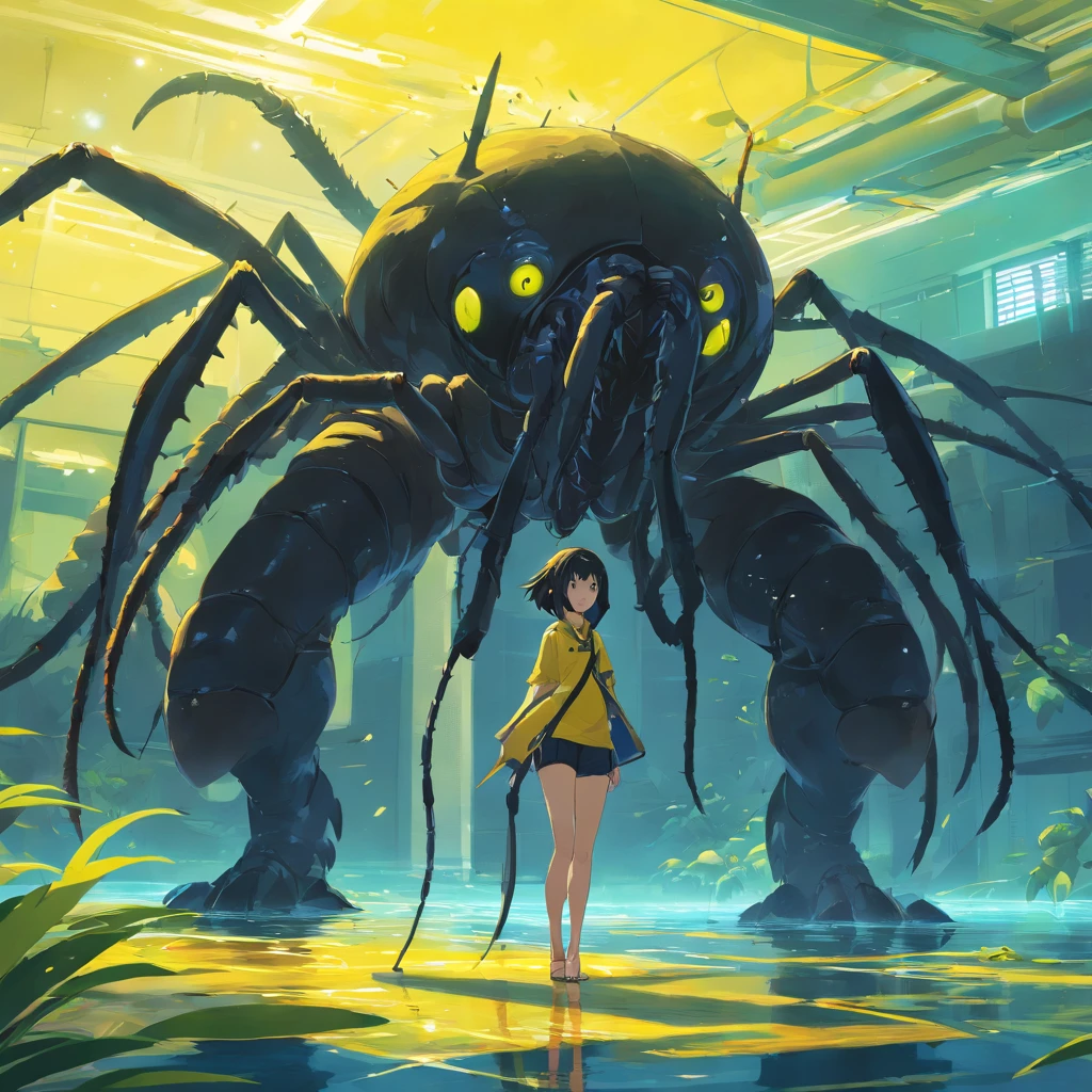 The lower body is a monster with black worms, Black nightmarish insect-like armor, sharp talons, Good anatomy，Stand in the yellow pool, nightmare fuel, Horror, Masterpiece, Best quality