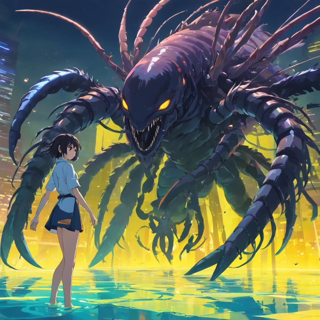 The lower body is a monster with black worms, Black nightmarish insect-like armor, sharp talons, Good anatomy,Stand in the yellow pool, nightmare fuel, Horror, Masterpiece, Best quality