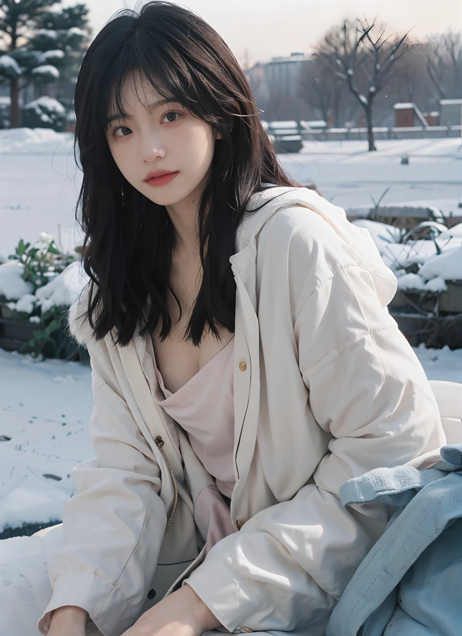 best qualtiy, 超高分辨率, (realisticlying:1.4), one-girl,Pink Long Hair, A pair of clear and moving eyes,Royal Sister,Snow white coat, looking at viewert, closeup cleavage ,