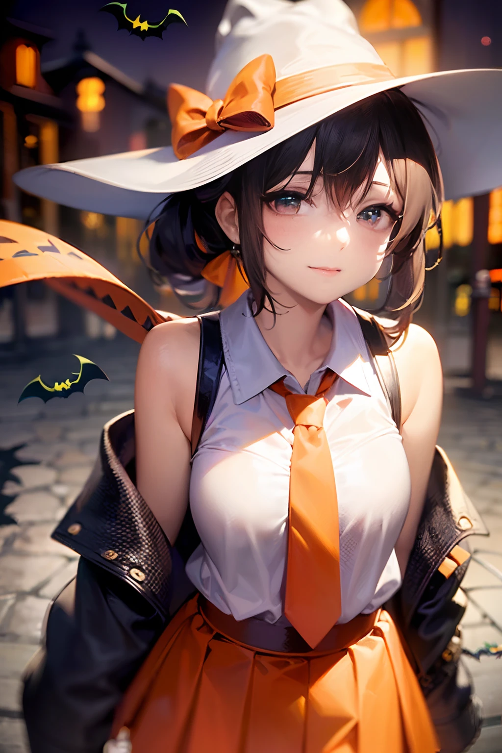 ((White blouses:1.5)), ((Halloween:1.5)), ((Halloween Costumes:1.5)), ((Black pleated skirt)),BREAK, ((In Kyoto Animation Style)), masutepiece, Professional Lighting, Detailed face, Detailed eyes, super precision, Extremely beautiful, Princess Face, 1 girl, Sexy Girl, ((Solo:1.5)), 20 years old, ((Cowboy Shot:1.5)), Dynamic Poses, Cute face, Boyish girl, BREAK, ((Dark hair:1.5)), ((shorth hair:1.5)), Straight hair, ((Short ponytail)), Black eyes, ((Smaller breasts)), BREAK, ((orange necktie:1.5)), Shibuya, A city scape, ((A slight smil)), a closed mouth, (Walking), kawaii faces, (Full body), (Halloween Hat),