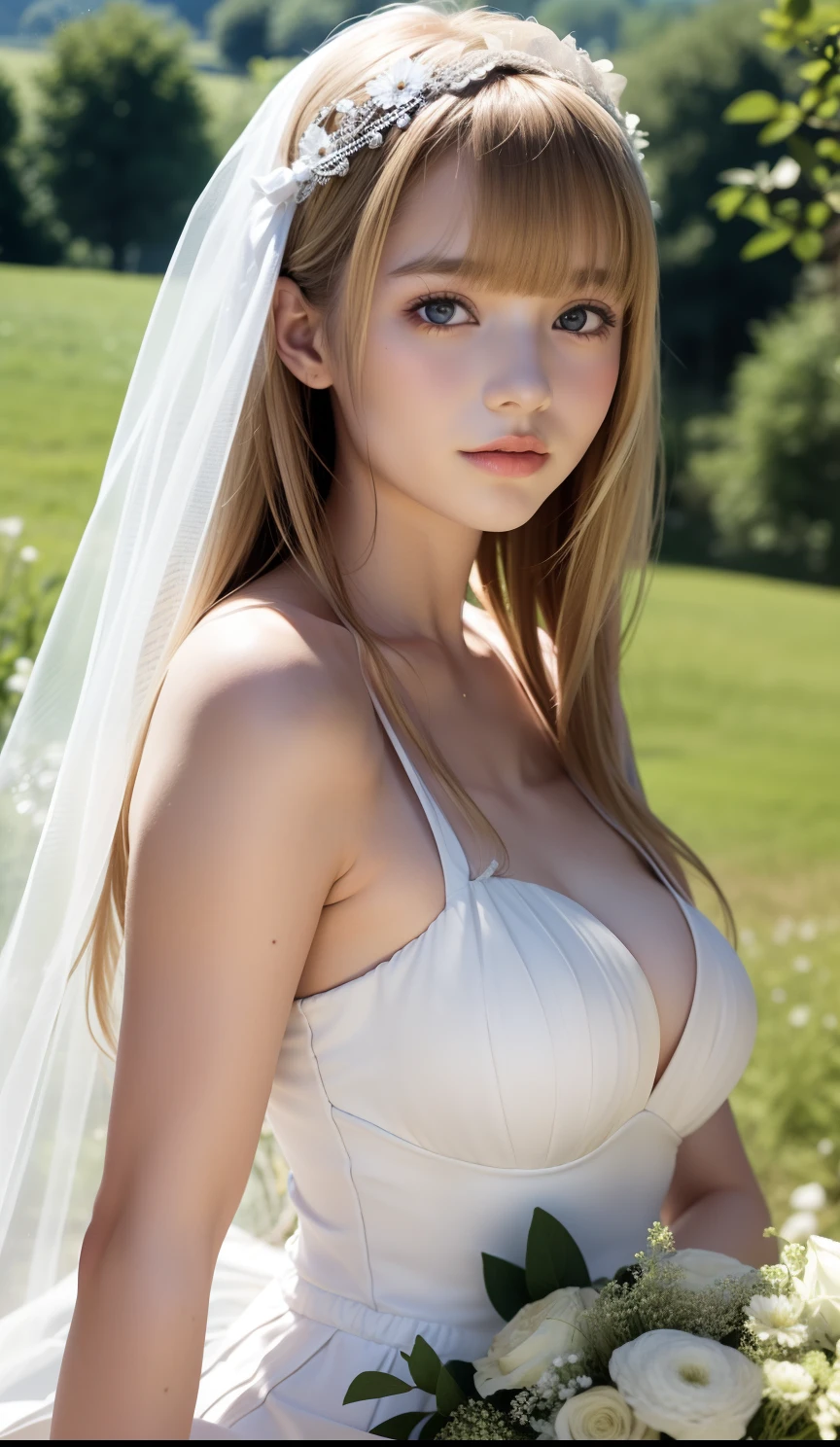A girl,16 year old,european countryside,blonde,bangs bangs,pretty face,wedding dress,thick muscular arms