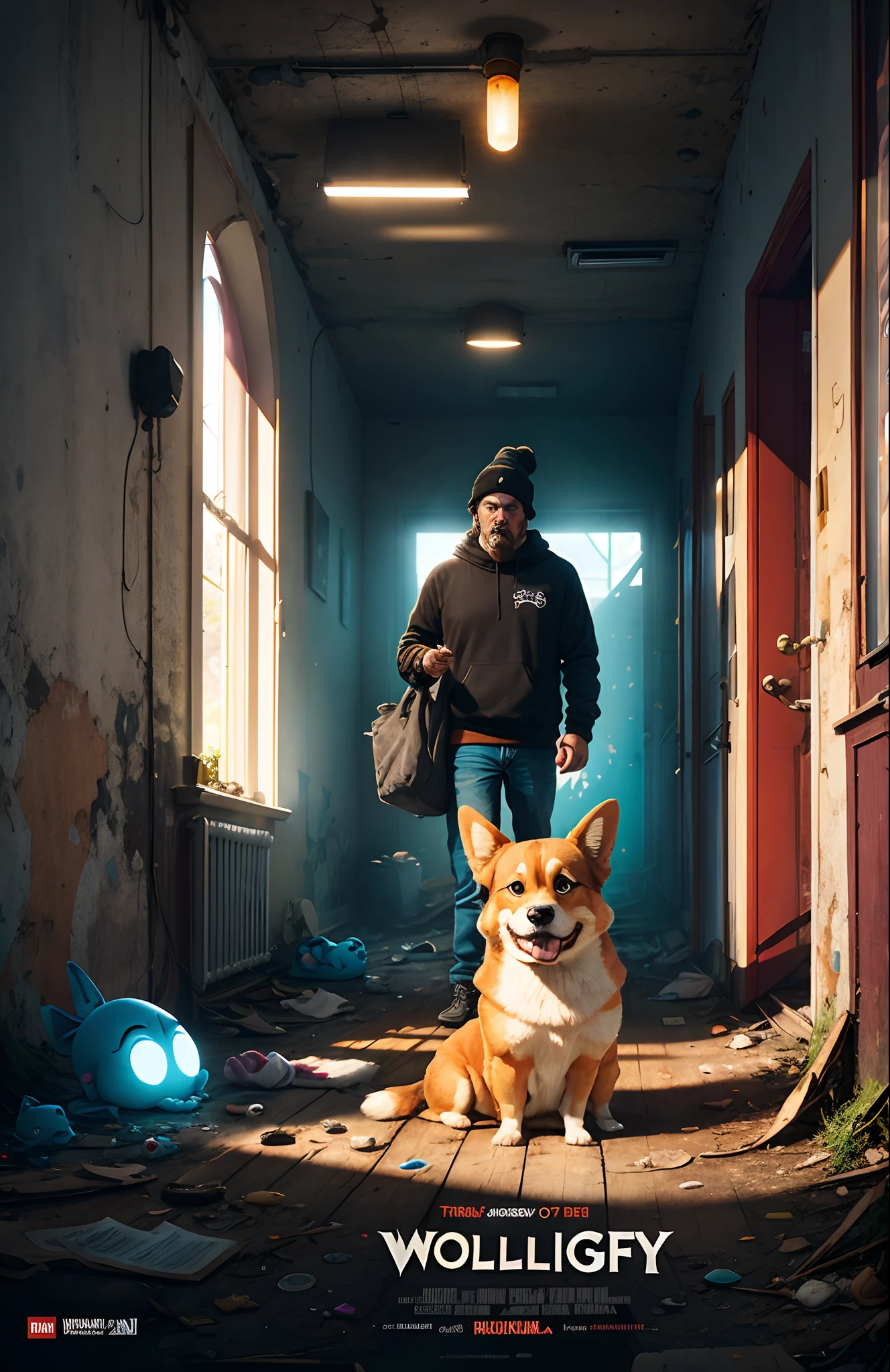 A Disney Pixar-inspired movie poster with the title “Wolfgang” in the image a tricolored pembroke welsh corgi with a half white half brown face markings. inside an abandoned building with his owner. the owner is a thin white woman with long waist length dark brown hair wearing a beanie in all black clothes. they caught a ghost