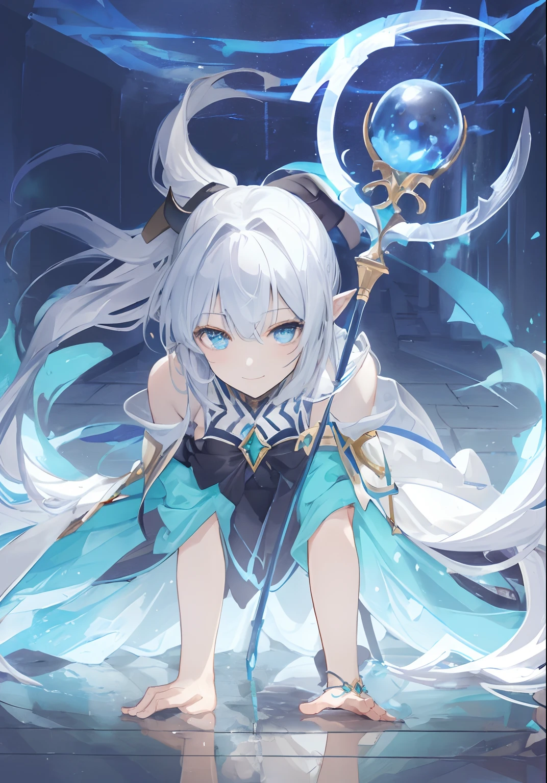(in the dark:1.6), fantasy art, photo realistic, dynamic lighting, artstation, poster, volumetric lighting, very detailed faces, 4 k, award winning,, 1girl, in the dark, deep shadow, (frieren), anime elf with white hair, one ponytail hairstyle on left and right side of head, floating in the air holding a staff, eyes open, beautiful blue mixed with green eyes, grinning smile, closed grin, holding a staff with a golden crescent,
BREAK
dark background, (((dead demon bodies on floor))), (((dead demon bodies in background)))
