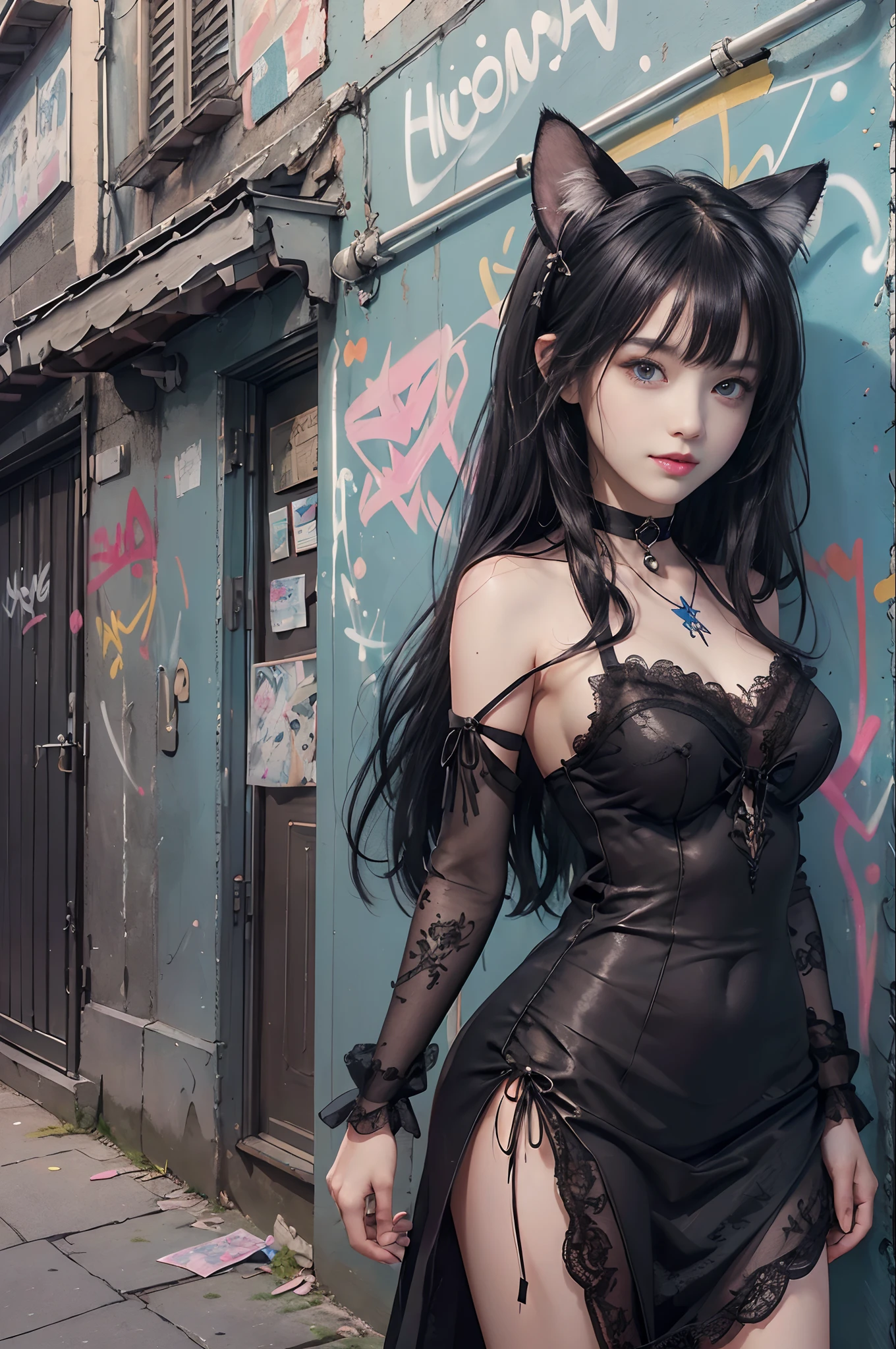 (A hyper-realistic)、(hyper realistic illustration)、(hight resolution)、(8K)、(Luminous)、(Best Illustration)、(beautifully detailed eyes)、(top-quality)、(glossy skin. Intricate detailed)、(masterpiece)、(wall-paper)、(A detailed face)、独奏、1 girl. looking at viewer. fine colors. Bold and vivid colors. deep-shadows、A slight smile. Cat ears. Choker. Black shawl straight hair、cute bangs, detailed revealing silk dress. (Standing against the wall with graffiti. Wlop. Pixiv. Full body portrait) partial