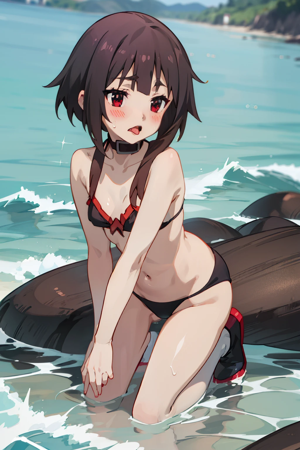 (Megumin),beautiful,masterpiece, best quality, extremely detailed face,small breasts,looking at viewer, 1 girl, shy, ((black bikini)), beach, blush, short dark hair, kneeling, yawning, tongue out