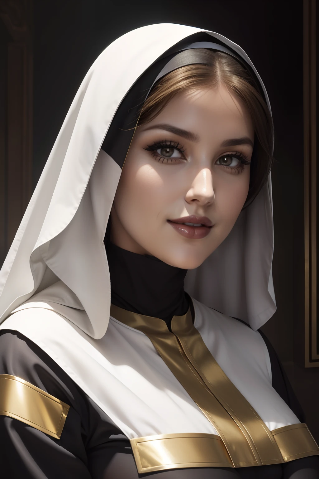 lucy pinder, face portrait, cleavage, smiling, the nun, ((gold lipstick))