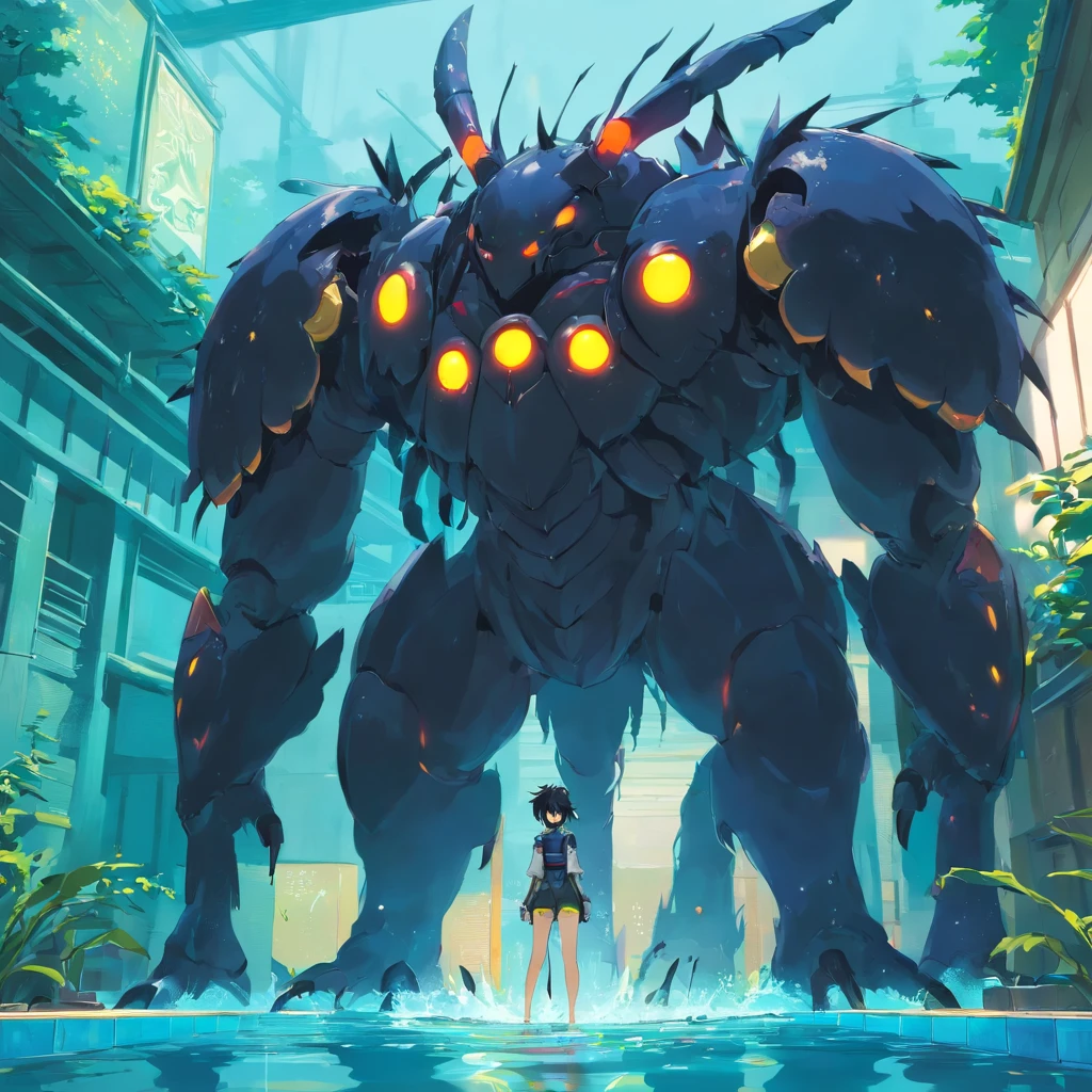 The lower half of the body is a humanoid monster with black bugs, Black nightmarish insect armor, sharp talons,,Stand in the yellow pool, nightmare fuel, Horror, Masterpiece, Best quality