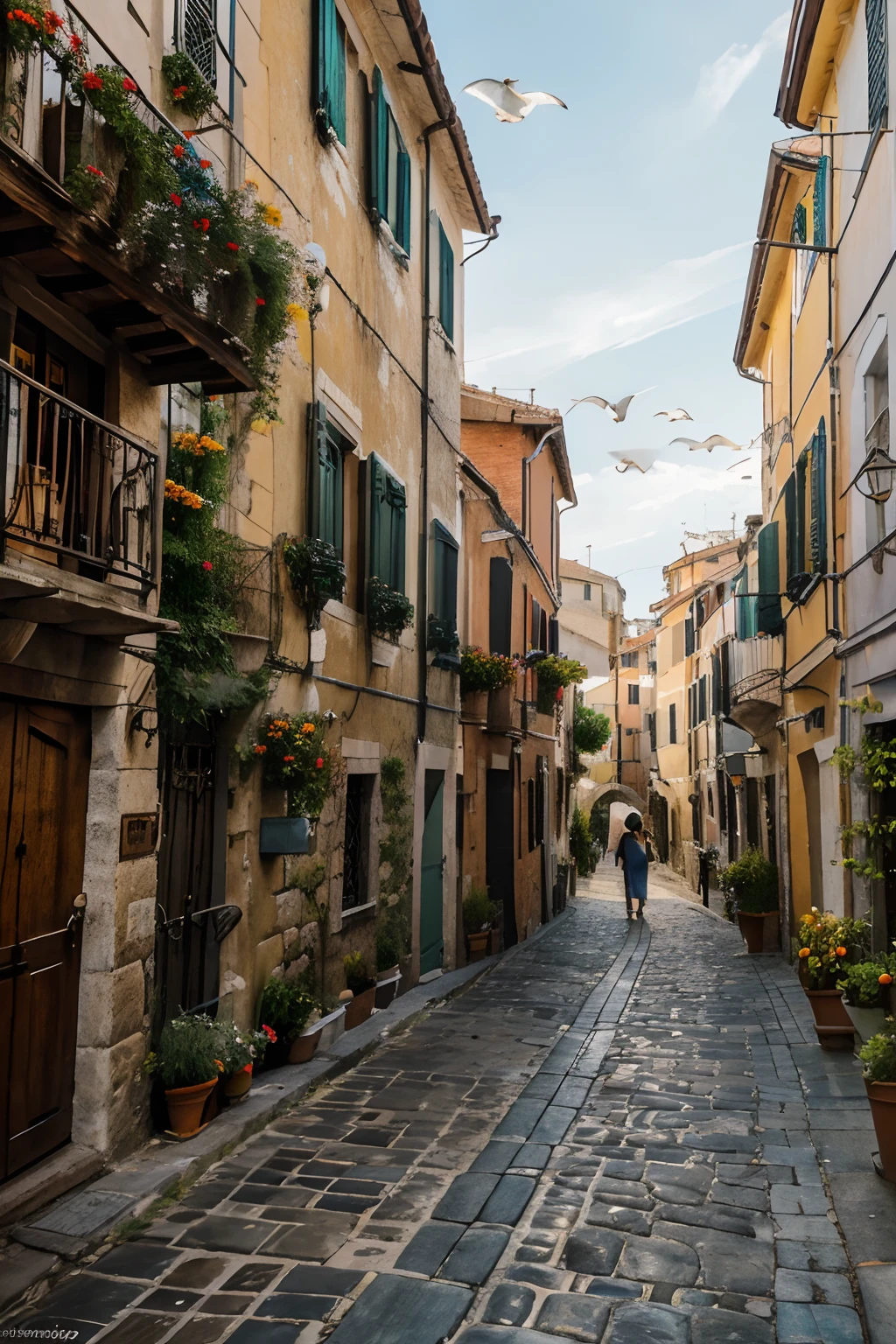 (best quality,4k,8k,highres,masterpiece:1.2),ultra-detailed,realistic, vibrant colors, HDR, picturesque, breathtaking view, Ligurian landscapes, Vernazza Liguria Italy, charming coastal village, quaint streets, colorful, sunny day, turquoise waters, rocky cliffs, romantic setting, rustic charm, ancient architecture, historical buildings, cobblestone alleys, bustling atmosphere, lively, vibrant, joyful ambiance, beautiful girl with a straw hat, flower dress fluttering in the wind, bright smile, sun-kissed skin, flowing hair, exploring the streets of Vernazza, carefree, happiness, happiness in her eyes, classic multicolored Ligurian buildings, vibrant shades of red, orange, yellow, pink, green, rustic facades, aged and weathered, unique charm, narrow alleys, winding pathways, charming storefronts, inviting cafes, local shops, artistic displays, breathtaking coastal view, rough sea waves crashing against the rocks, gloomy atmosphere, dramatic contrast, stormy sea, power of nature, awe-inspiring, Ligurian cuisine aromas, savory delicacies, smells of freshly baked bread, seafood dishes, colorful fishing boats, bobbing in the harbor, seagulls soaring in the sky, a moment frozen in time, an eternal memory captured on canvas.