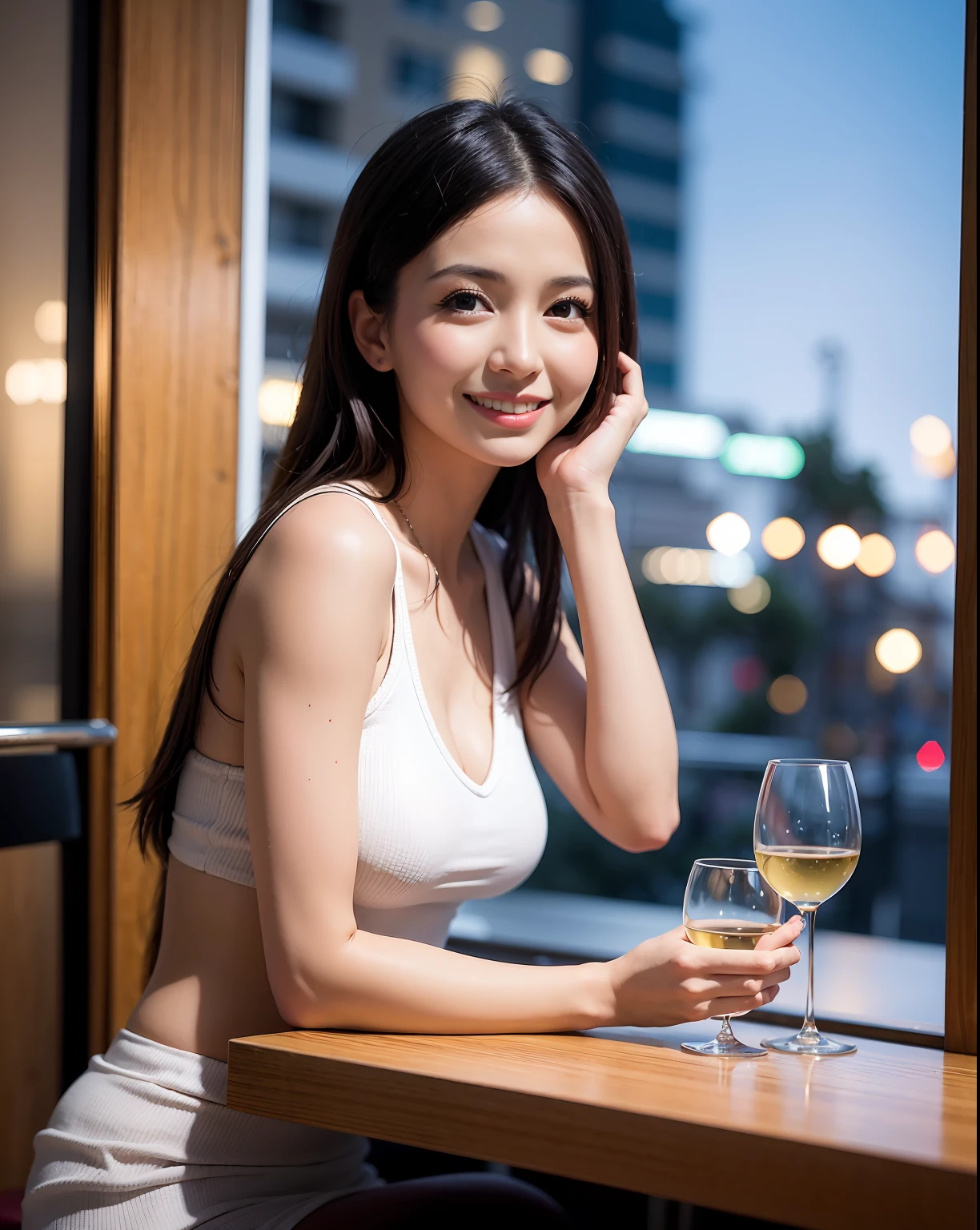 (64K, UHD, top quality, masterpiece: 1.2), (realistic, photorealistic: 1.37), super detailed, pretty woman 1 person, (slim face), (slim body), (brown hair), (short cut), cheeks slightly blushing, (44 years old), 38 years old, solo, beautiful detailed urban night view outside the window, restaurant, wine glasses sit, at night, in a prominent placeNovaFrogStyle, Actress, Model, Waist Up, White Wine, Slim, Wine Glass, Super Clean Night View, Wine Glass Put in the Middle, Happy Smile, (Smile: 1.15), Beautiful Fine Eyes, Upper Body, Bust Japan Up, Night, Short, Short, Actress, Model, Waist Up, White Wine, Slim, Wine Glass, Super Clean Night View, Wine Glass Put in the Middle, Happy Smile,