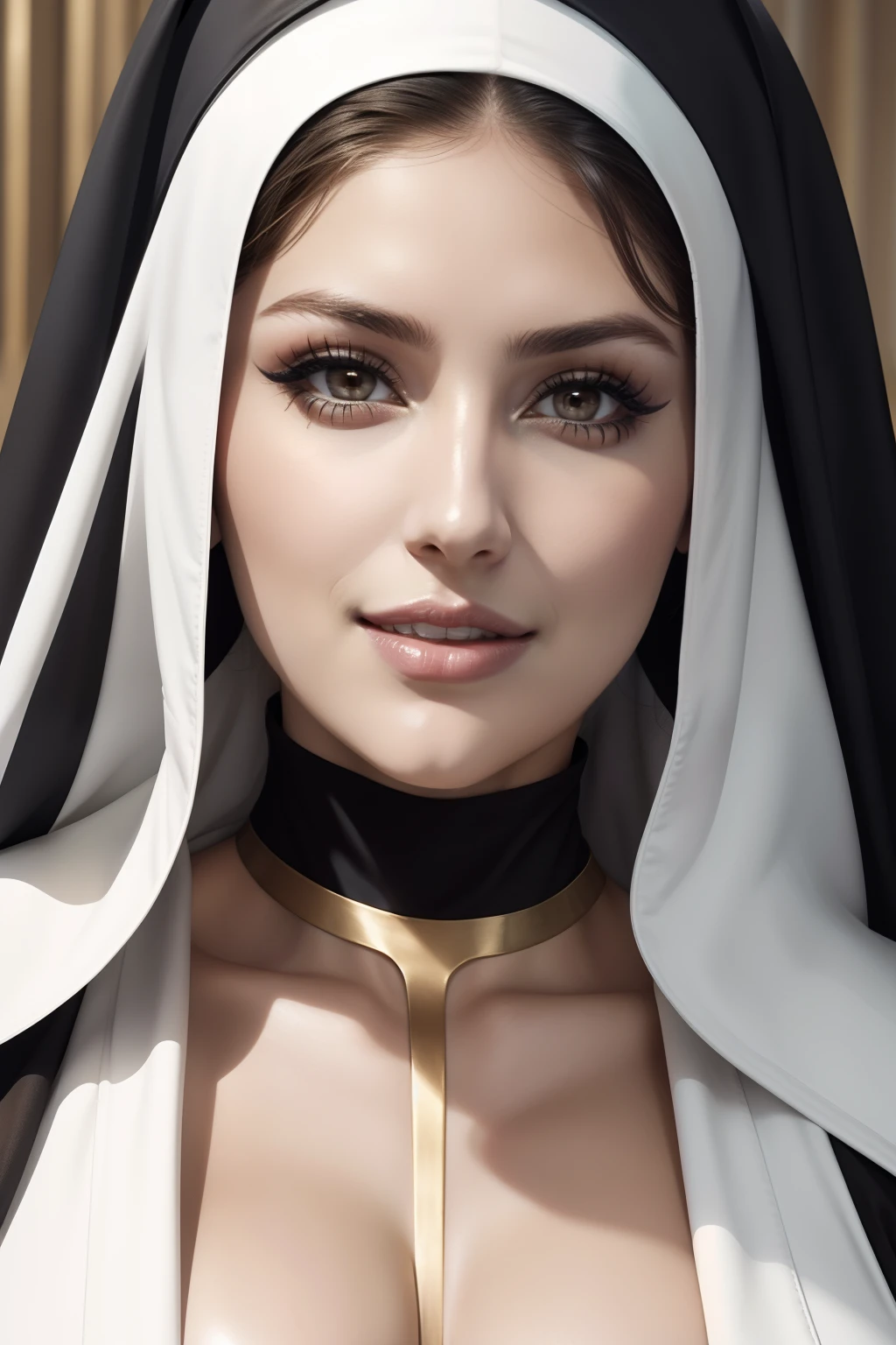 lucy pinder, face portrait, smiling, gold lipstick, very intense makeup, the nun, sexy