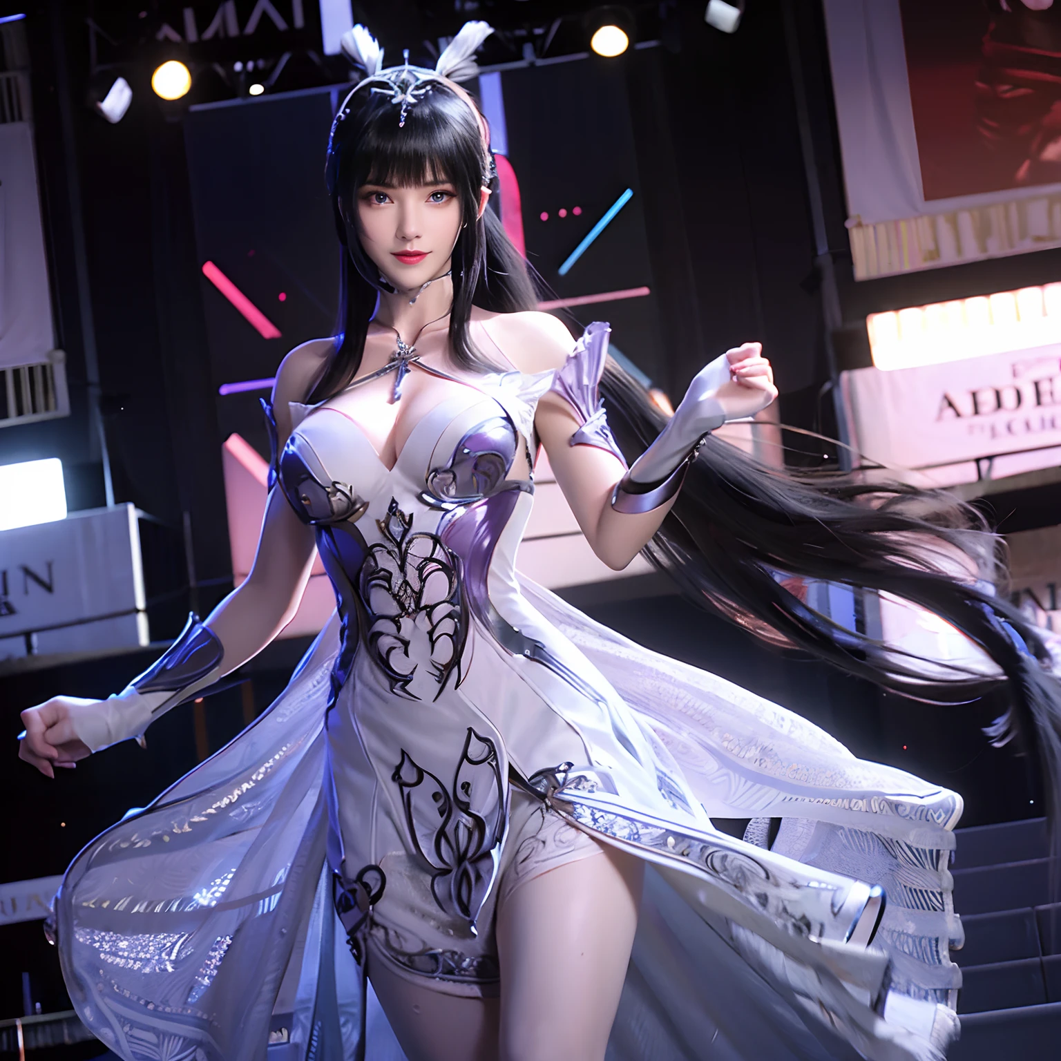 1girll, Solo, Watch, During viewing, Blue eyes, Breasts, mitts, head gear, dress, Long hair, cleavage, view the viewer, White gloves, Bare shoulders, Open mouth, Large breasts, No shoulder strap, choker necklace, Blush, White dress, Black hair, Brown hair, hair between eye, Strapless dress, 鎖骨, Smile, bangs, On stage,