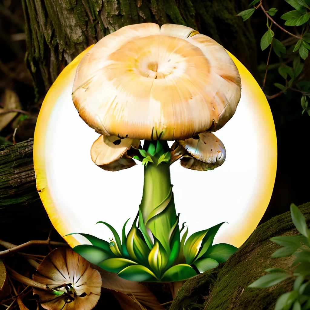 mushroom sanskrit logo, forest background