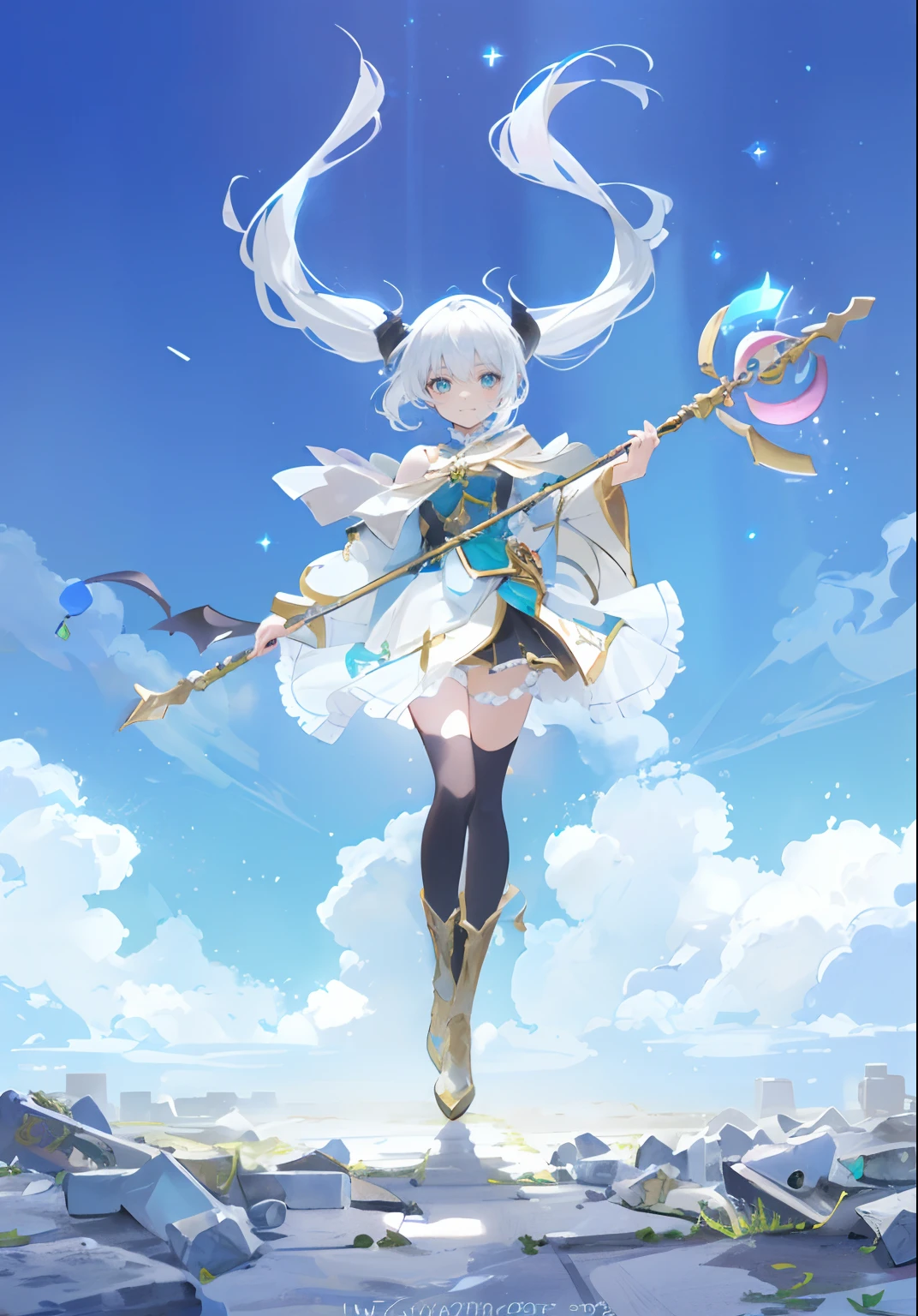 (in the dark:1.6), fantasy art, photo realistic, dynamic lighting, artstation, poster, volumetric lighting, very detailed faces, 4 k, award winning,, 1girl, in the dark, deep shadow, (((frieren))), anime elf with white hair, one ponytail hairstyle on left and right side of head, floating in the air holding a staff, eyes open, beautiful blue mixed with green eyes, grinning smile, closed grin, holding a staff with a golden crescent, 

BREAK

dark background, (((dead demon bodies on floor))), (((dead demon bodies in background)))