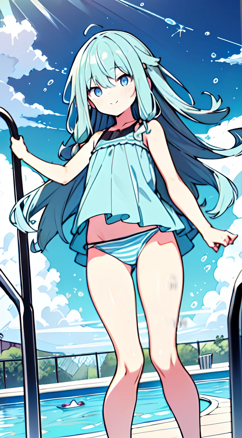 masuter piece, Best Quality,32K、Wallpaper, ultra -detail, Absurd beauty, 1beautiful girl、Big crisp eyes、Hair fluttering in the wind、Slender legs、Smaller head、miscievous smile、Angle looking up from below:1.3、♡♡♡、Poses in motion、The bikini、swimming pools:1.3
