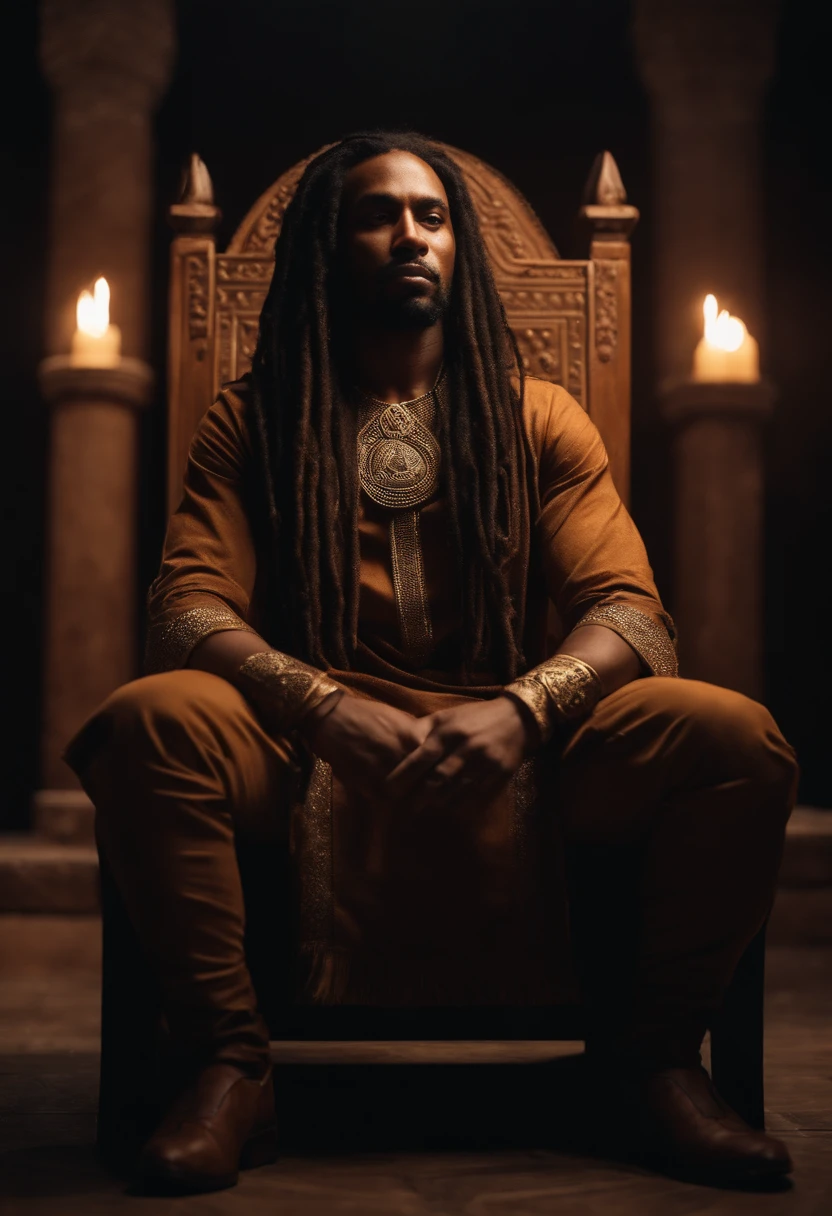 A brown skinned King with dreadlocks ,well built sitting on throne