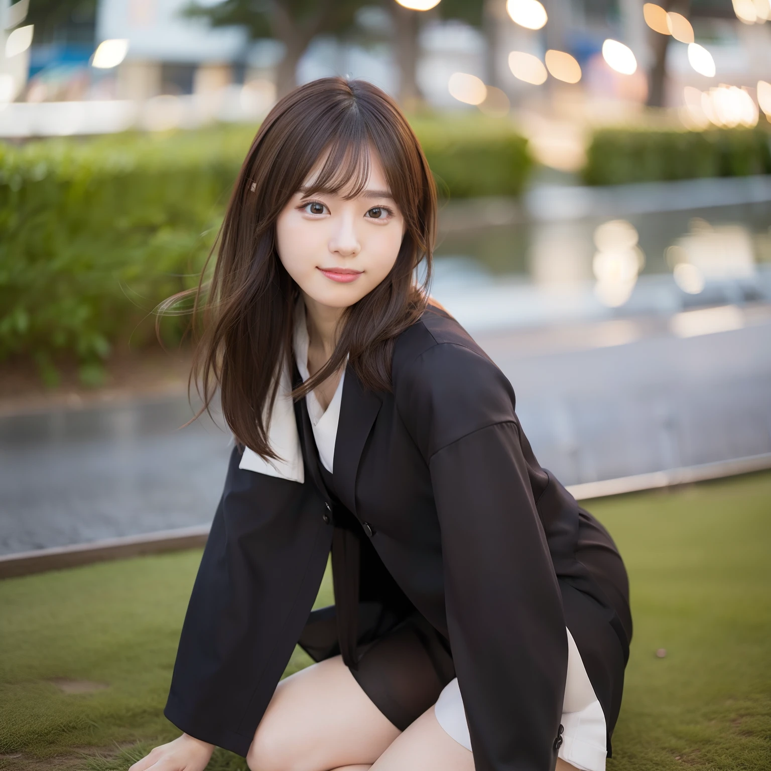 8k RAW photo,Best Quality, top-quality:1.1, ​masterpiece:1.3,超A high resolution, (Photorealistic:1.4), Raw photo, (upper thigh:1.5, From Side), natural skin textures:1.1, realistic eyes and face details:1.1, Full lips,(Bokeh:1.4), (in a suite), 1日本人の女の子, Cute, (Solo:1.6), (Shy smile), (dark brown eyes), Smooth skin, (Brown medium hair,Bangs), (touch hair:1.4),nogizaka,a park,Suits、full body Esbian、:1.4、Officelady:1.2