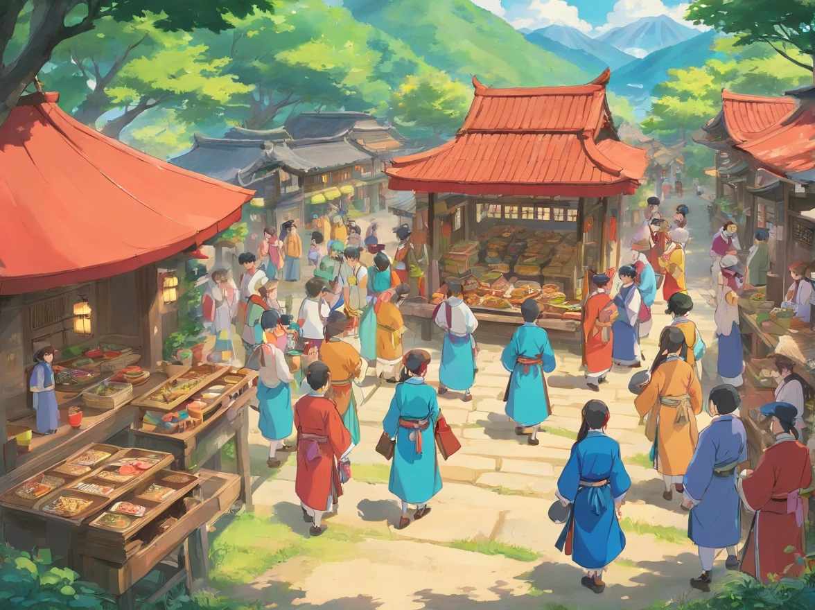 The Zhuang people are gathering to prepare for the Gyro Festival,Someone is moving things,Someone is talking,A dozen people,Stand in the open space of the village,More than a dozen people were dressed in ethnic minority clothes
