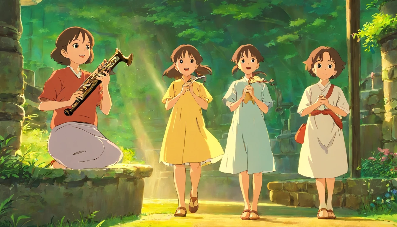 A group of children watched the excitement around an aunt who played the flute