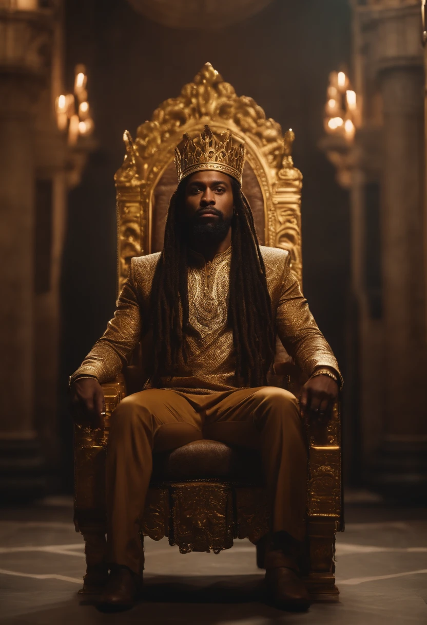 A high-quality, realistic image of a dark-skinned king wearing a golden crown and a red cape, sitting on a golden throne. He is wearing a pair of white Fila sneakers and is eating a Whopper from Burger King.
The king has black, curly hair and a full beard. He has a proud smile on his face.
The throne is located in a luxurious palace. The floor is made of marble and the walls are decorated with gold.
The background of the image is a medieval city. There are castles, towers, and churches in the distance.
The image is lit by natural light. The sun shines through the palace windows, creating a light and shadow effect.
The image is colorful and vibrant. The shades of gold, red, and white stand out.
The image conveys a message of power, wealth, and indulgence.
Here is an alternative version of the prompt:
A dark-skinned king wearing a golden crown and a red cape, sitting on a golden throne. He is wearing a pair of white Fila sneakers and is eating a Whopper from Burger King.
The king is surrounded by his subjects, who are all wearing Fila clothing. They are smiling and eating burgers from Burger King.
The throne is located in a green field. There are trees and flowers around.
The background of the image is a clear blue sky.
The image is lit by sunlight.
The image conveys a message of inclusion and diversity.