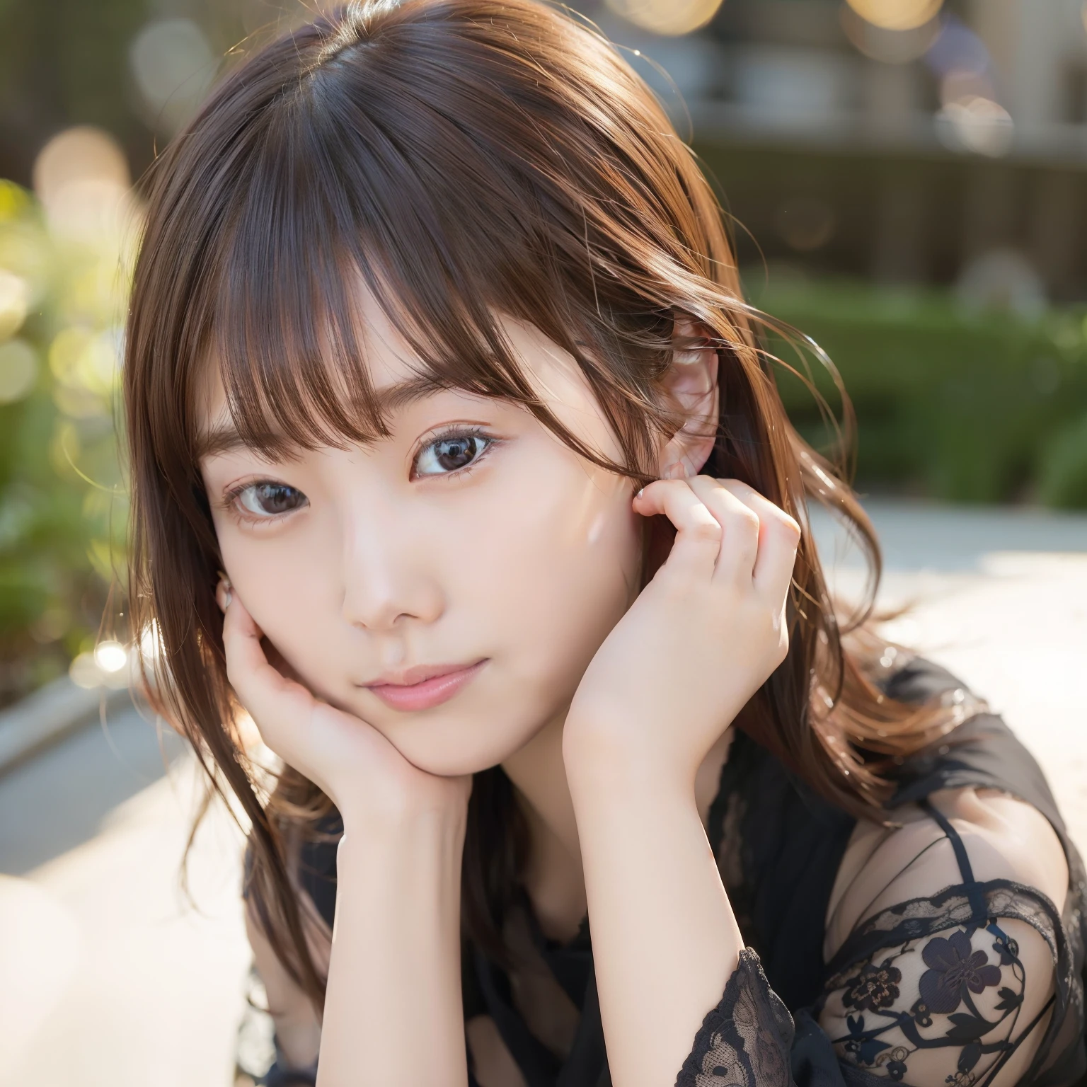 8k RAW photo,Best Quality, top-quality:1.1, masterpiece:1.3,超A high resolution, (Photorealistic:1.4), Raw photo, (upper thigh:1.5, From Side), natural skin textures:1.1, realistic eyes and face details:1.1, Full lips,(Bokeh:1.4), (in a suite), 1日本人の女の子, Cute, (Solo:1.6), (Shy smile), (dark brown eyes), Smooth skin, (Brown medium hair,Bangs), (touch hair:1.4),nogizaka,a park,Suits、full body Esbian、:1.4、Officelady:1.2