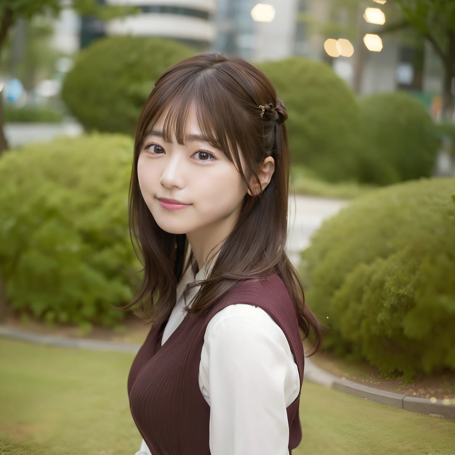 8k RAW photo,Best Quality, top-quality:1.1, masterpiece:1.3,超A high resolution, (Photorealistic:1.4), Raw photo, (upper thigh:1.5, From Side), natural skin textures:1.1, realistic eyes and face details:1.1, Full lips,(Bokeh:1.4), (in a suite), 1日本人の女の子, Cute, (Solo:1.6), (Shy smile), (dark brown eyes), Smooth skin, (Brown medium hair,Bangs), (touch hair:1.4),nogizaka,a park,Suits、full body Esbian、:1.4、Officelady:1.2