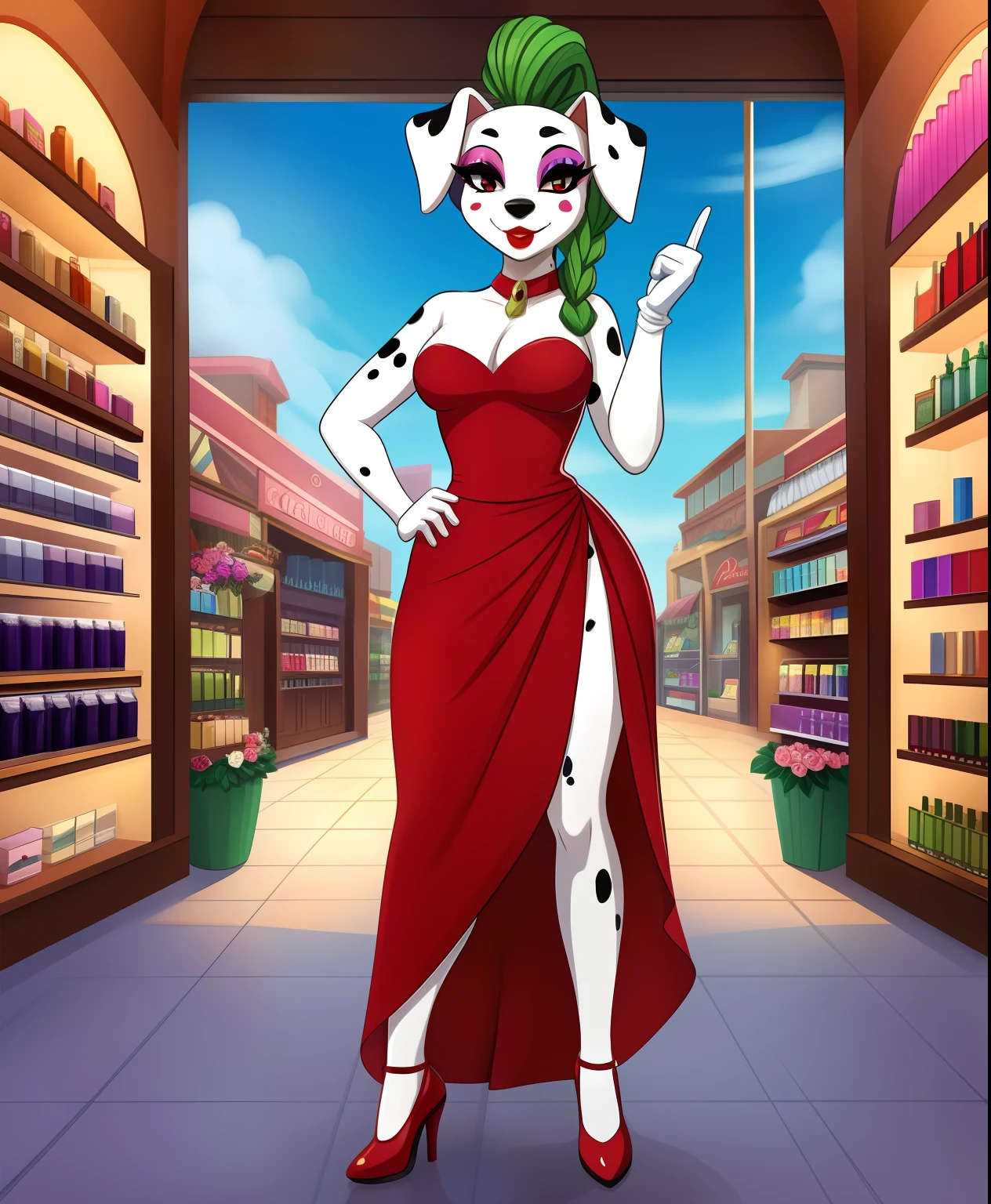 Gardenia the female anthro dalmatian villain, makeup dress, green right long glove, blue left long glove, red lipstick, blueish green braid hair, cosmetics shop in the background, ladies shoes, full body view