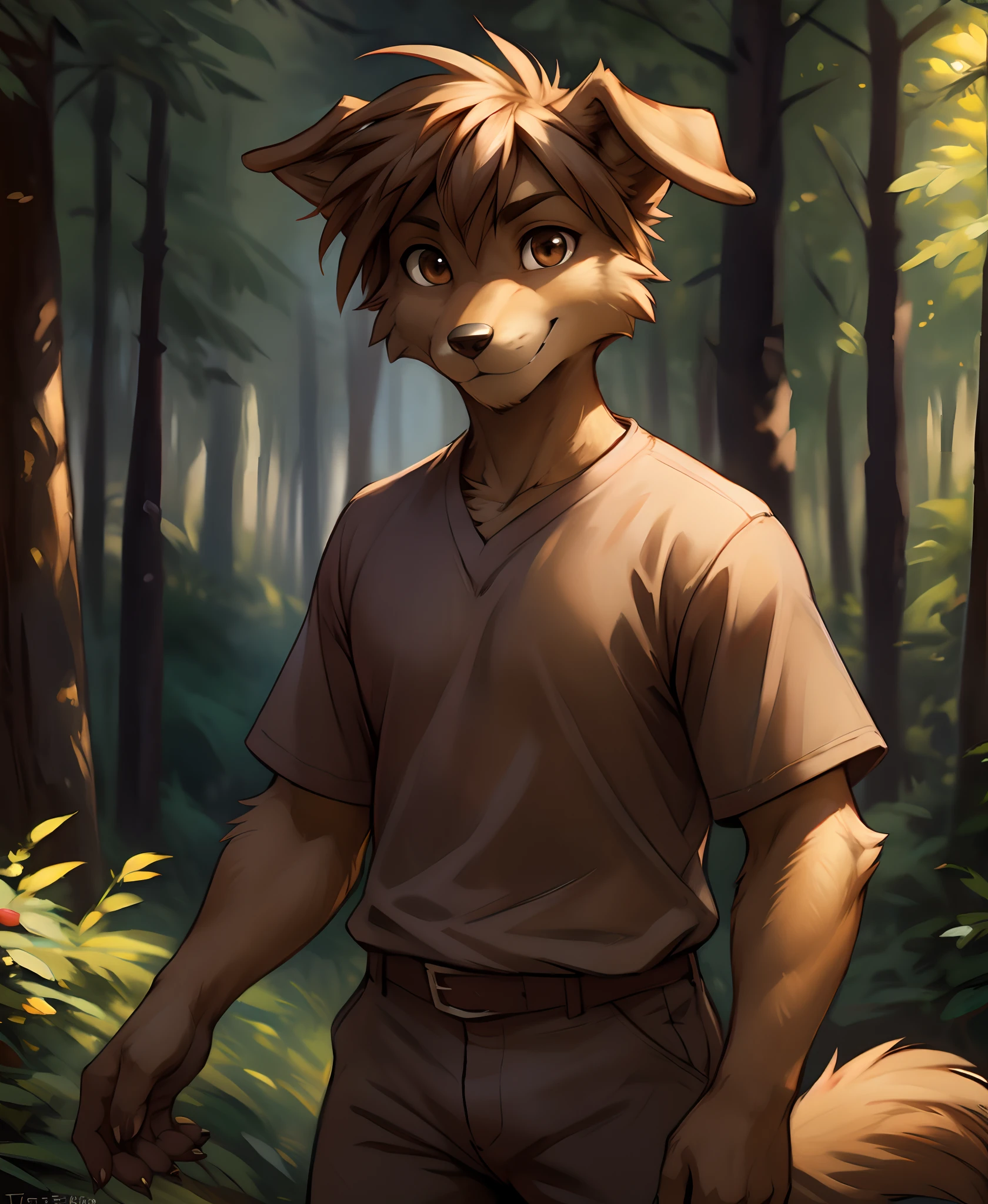 by kenket, by totesfleisch8, (by thebigslick, by silverfox5213:0.8), (by syuro:0.2),, evals-twokinds, twokinds, by tom_fischbach,, (best quality, masterpiece:1), solo, furry male anthro, brown eyes, short hair, brown hair, portrait, fingers, finger claws, looking at viewer, wolf , dog tail, floppy ears (outdoors dark forest trees blurry blurred background:1.1), brown shirt, brown pants