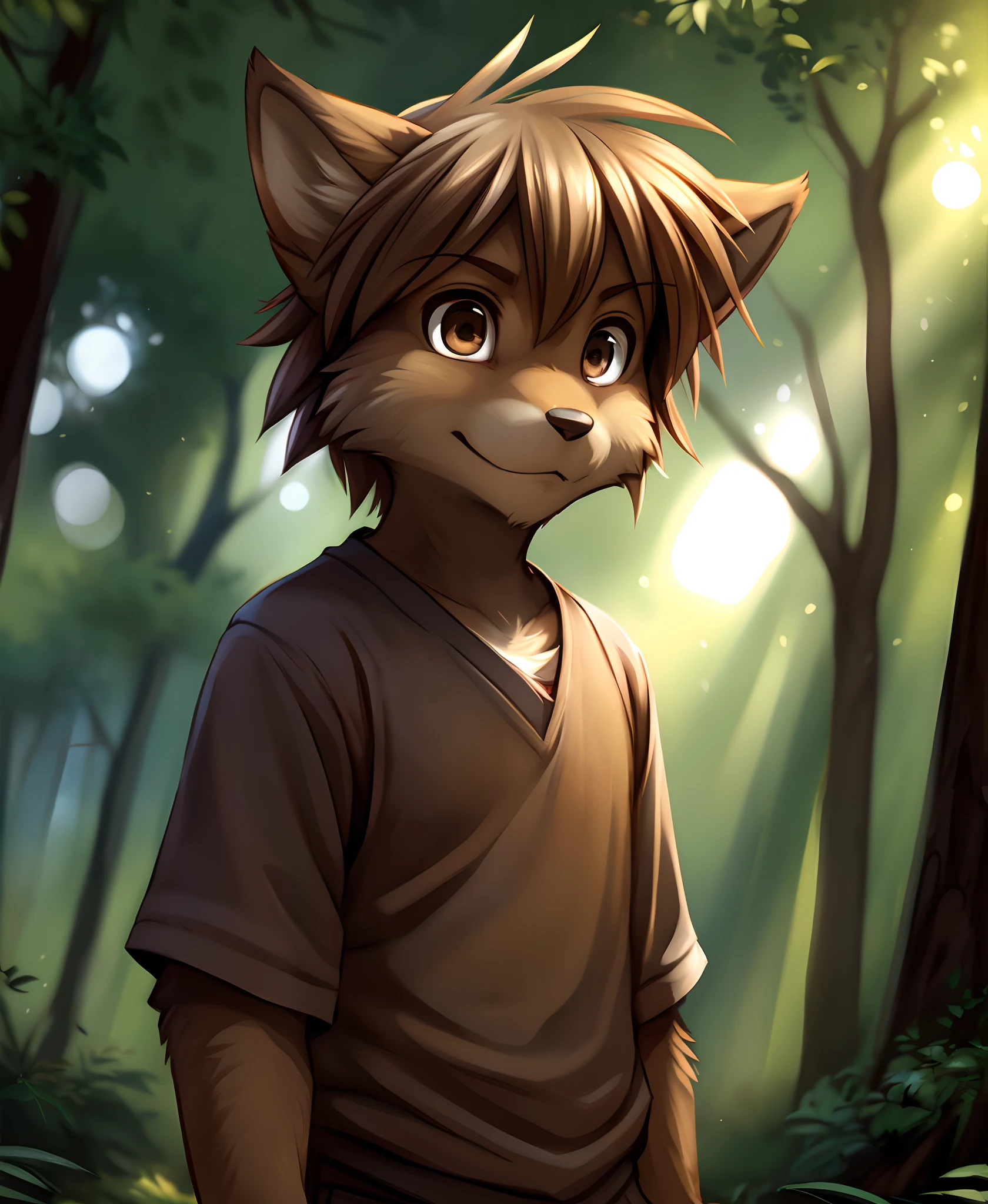 by dagasi, (by carrot:0.6), (by silverfox5213), by castitas, by tsukune minaga, (by manmosu marimo:0.6), by kenket,, evals-twokinds, twokinds, by tom_fischbach,, (best quality, masterpiece:1), solo, furry male anthro, brown eyes, short hair, brown hair, portrait, fingers, finger claws, looking at viewer, wolf , dog tail, floppy ears (outdoors dark forest trees blurry blurred background:1.1), brown shirt, brown pants,, (cinematic lighting), ((detailed background)), ((depth of field)), (half body shadow), ((sunlight)), BREAK, ((intricate, high detail, film photography, sharp focus, RAW candid cinema, realistic, photorealistic, analog style, subsurface scattering, masterpiece, best quality, ultra realistic, 8k))