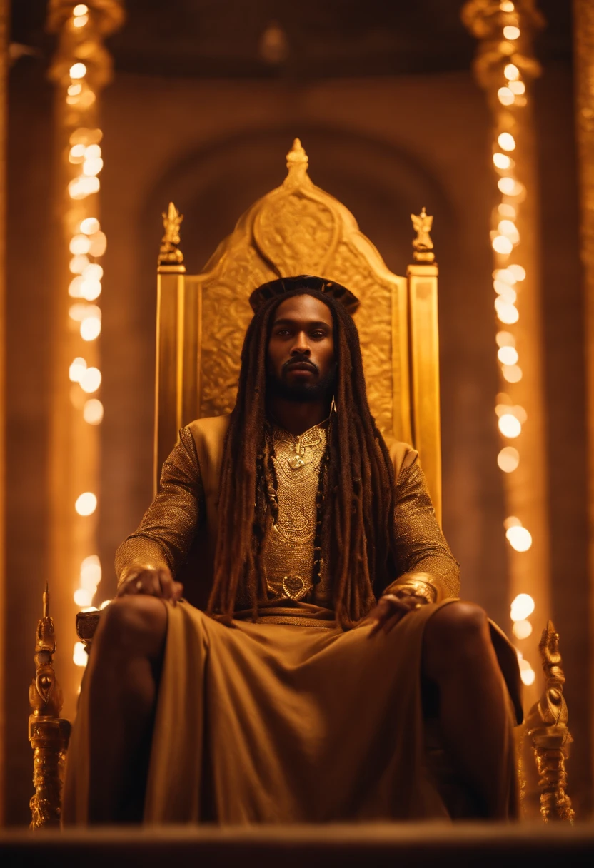 A brown skinned King with dreadlocks ,well built sitting on gold throne with sexy concubines in the background