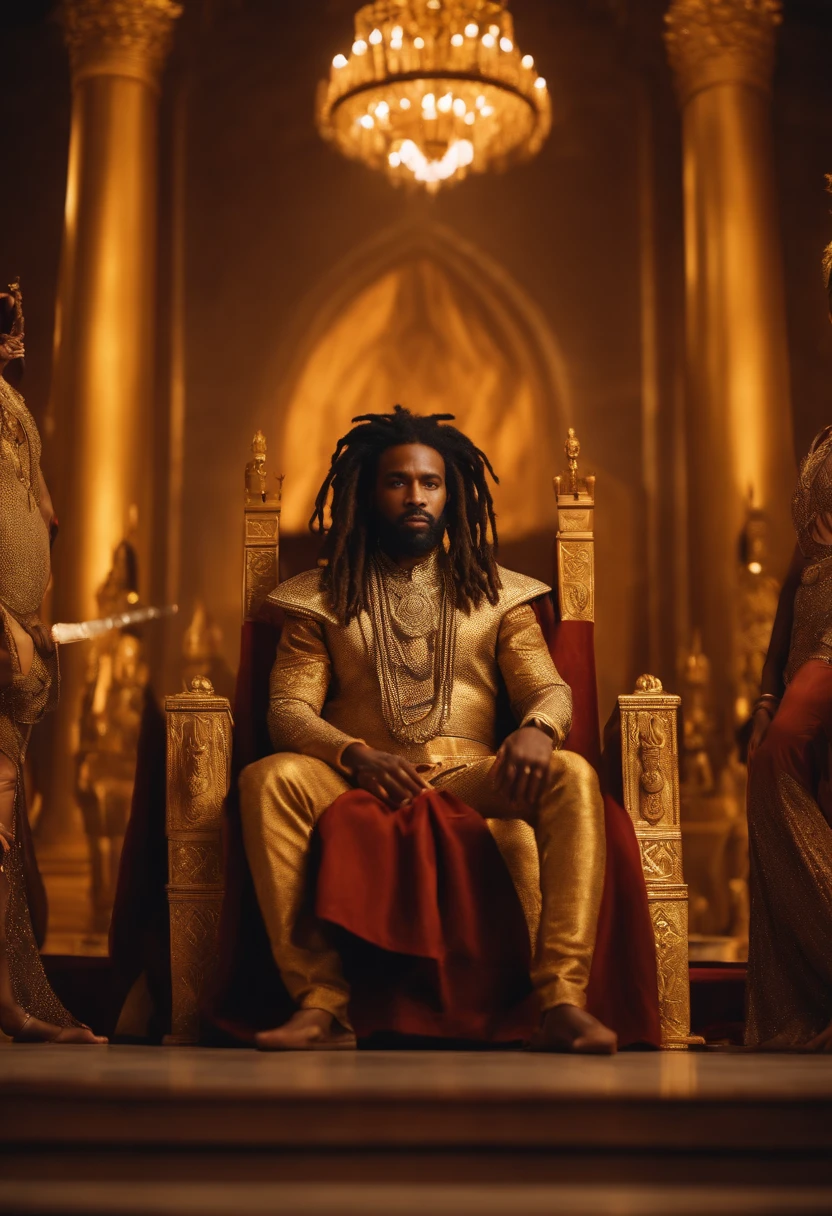 A brown skinned King with dreadlocks ,well built sitting on gold throne with sexy concubines in the background