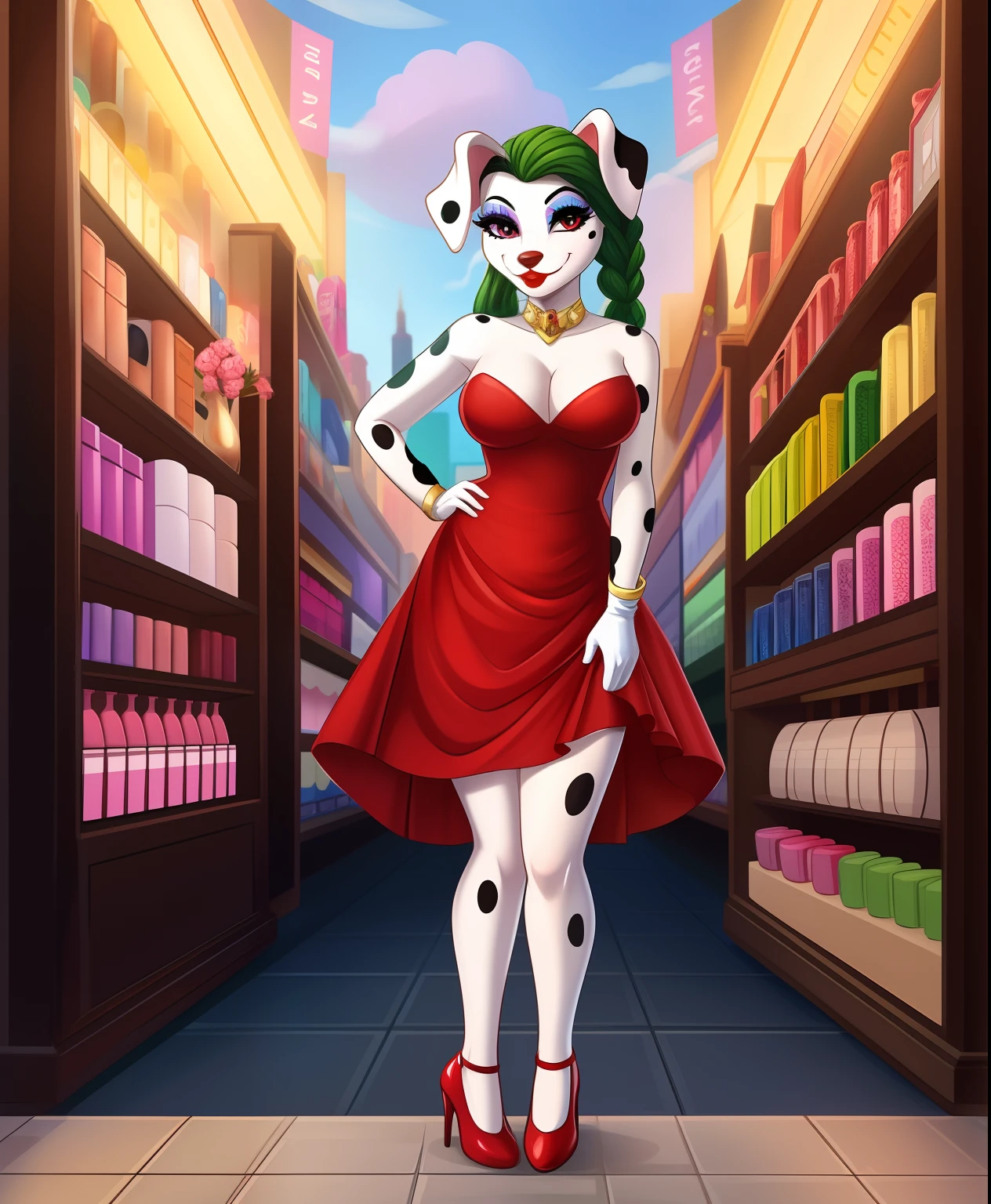 Gardenia the female anthro dalmatian villain, makeup dress, green right long glove, blue left long glove, red lipstick, blueish green braid hair, cosmetics shop in the background, ladies shoes, full body view