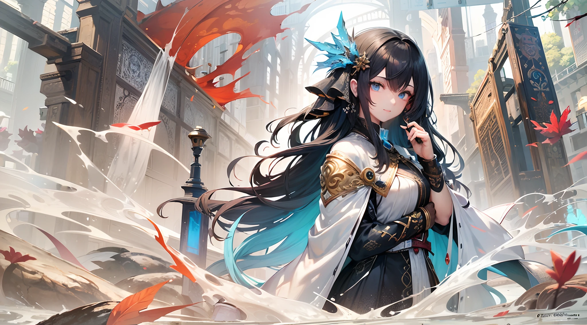 (Masterpiece, Best quality), 1girll, Solo, (pupils:1.15), 《with short black hair》, Long hair,Braided,White shiny bangs,Brown comb,Shiny hair, 《Bleak white complexion》,(Red fluorescent pattern), curtain, Student clothes,black short skirt, Black tights,aurora, (Sunshine,, River, forest,UHR), (luminous red eyes), ((Blue eyes blue)),(((A handsome young))), Very long hair ((Ink pattern:1.5)),Cross ed leg, highly intricate detail, Realistic light, Smile,Hyper-detailed intricate details,unreal-engine,fanciful,Complicated details,splash image,complementary colours,fantasy concept art,8K分辨率,A masterpiece of deviantart,Red deciduous leaves,Ink Phantom,bazaars,fansty world,background inside dark,Clean design,Epic Instagram,art stations,Colorful paint splashes,contours,,(chest muscle) --au